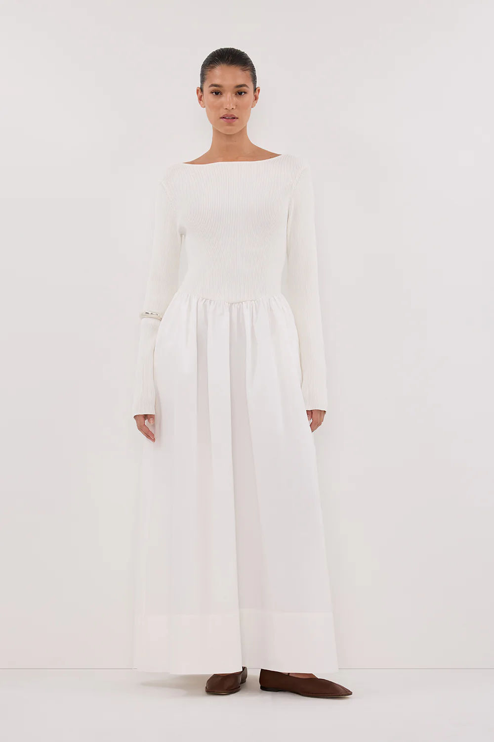 ABIGAIL WHITE HYBRID LONG SLEEVE MIDI DRESS
