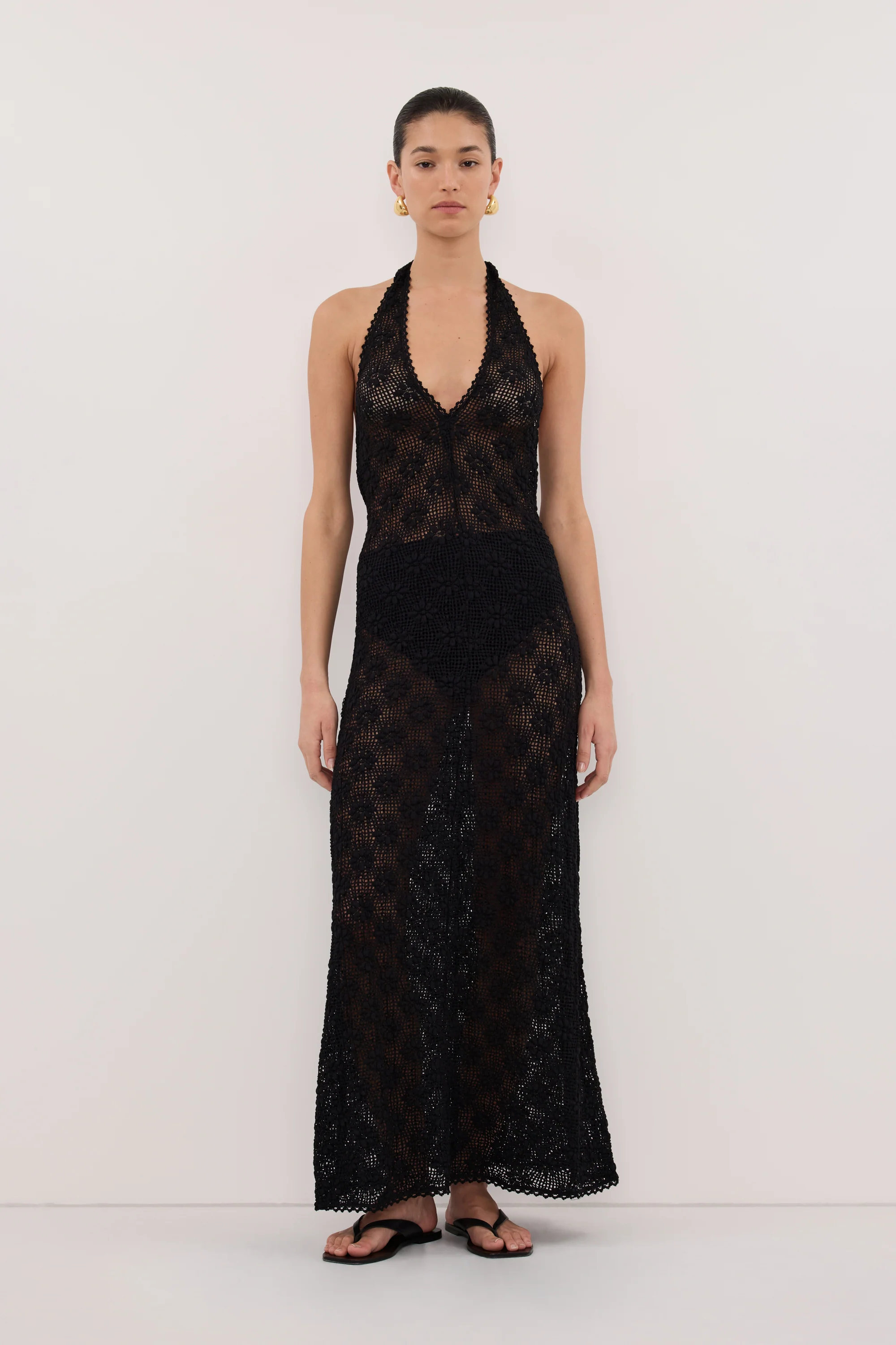 AGNES BLACK CROCHET HALTER MIDI DRESS - Image 2