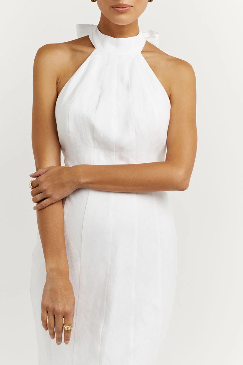 AISLE WHITE LINEN HIGH NECK DRESS - Image 5