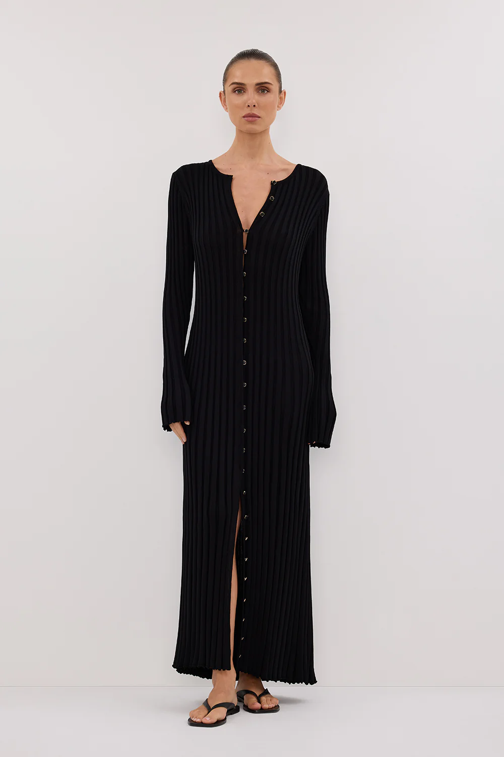 ALI BLACK SLEEVED KNIT MIDI DRESS