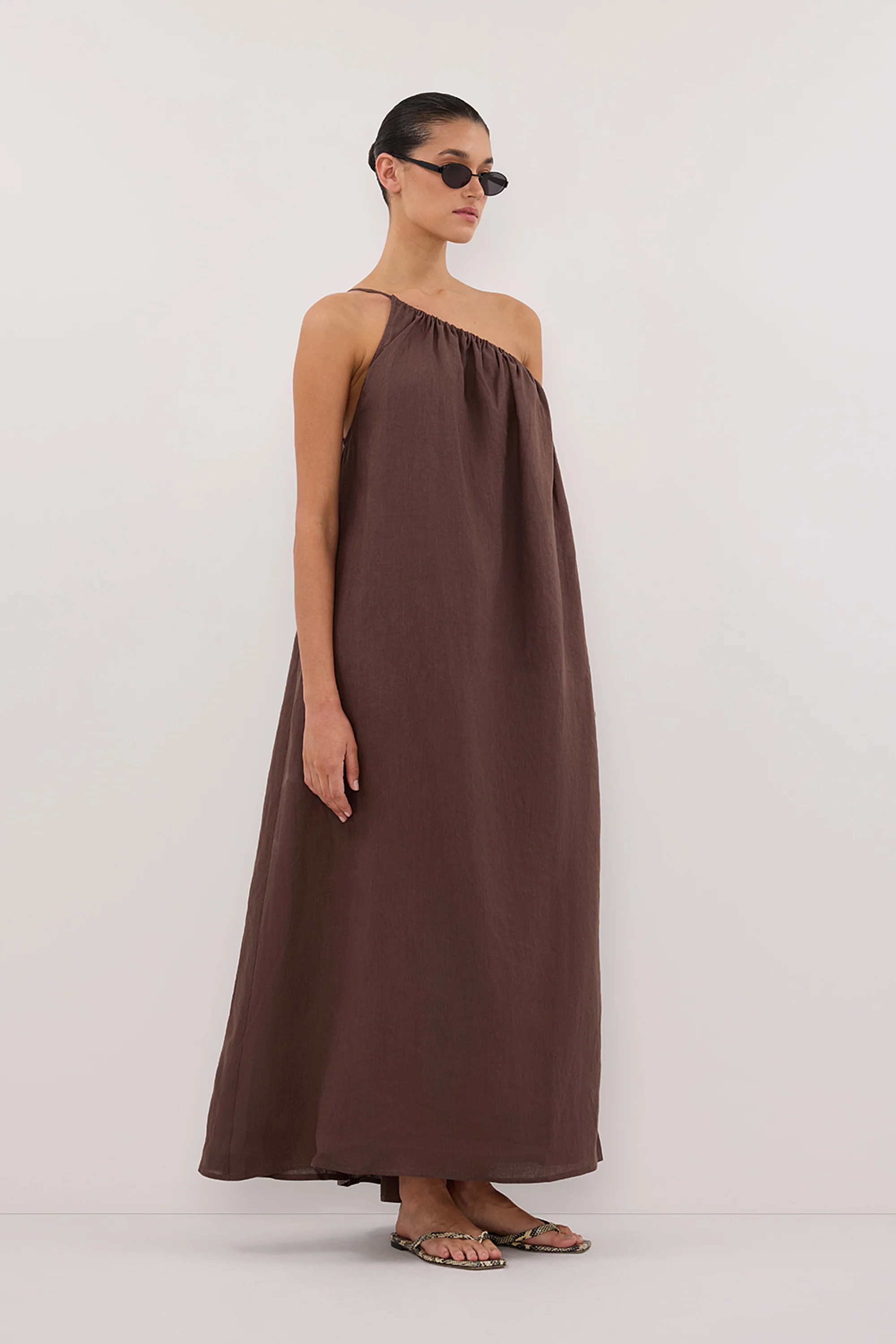 ALMA BITTER CHOC ASYM LINEN MIDI DRESS - Image 3
