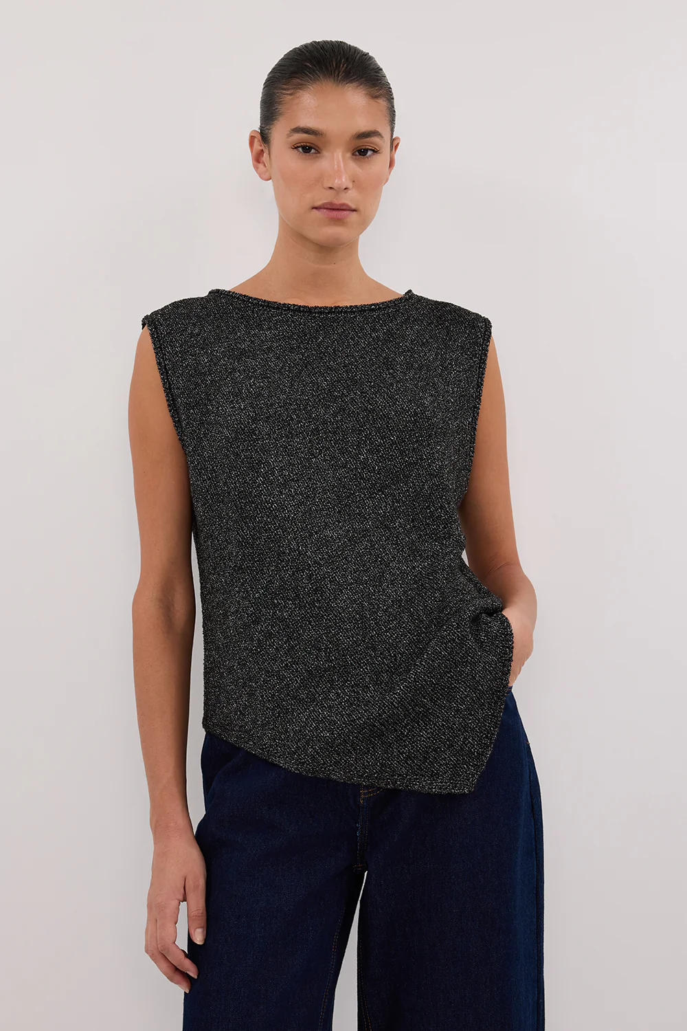 ALTHEA BLACK MARLE ASYM KNIT TOP - Image 2