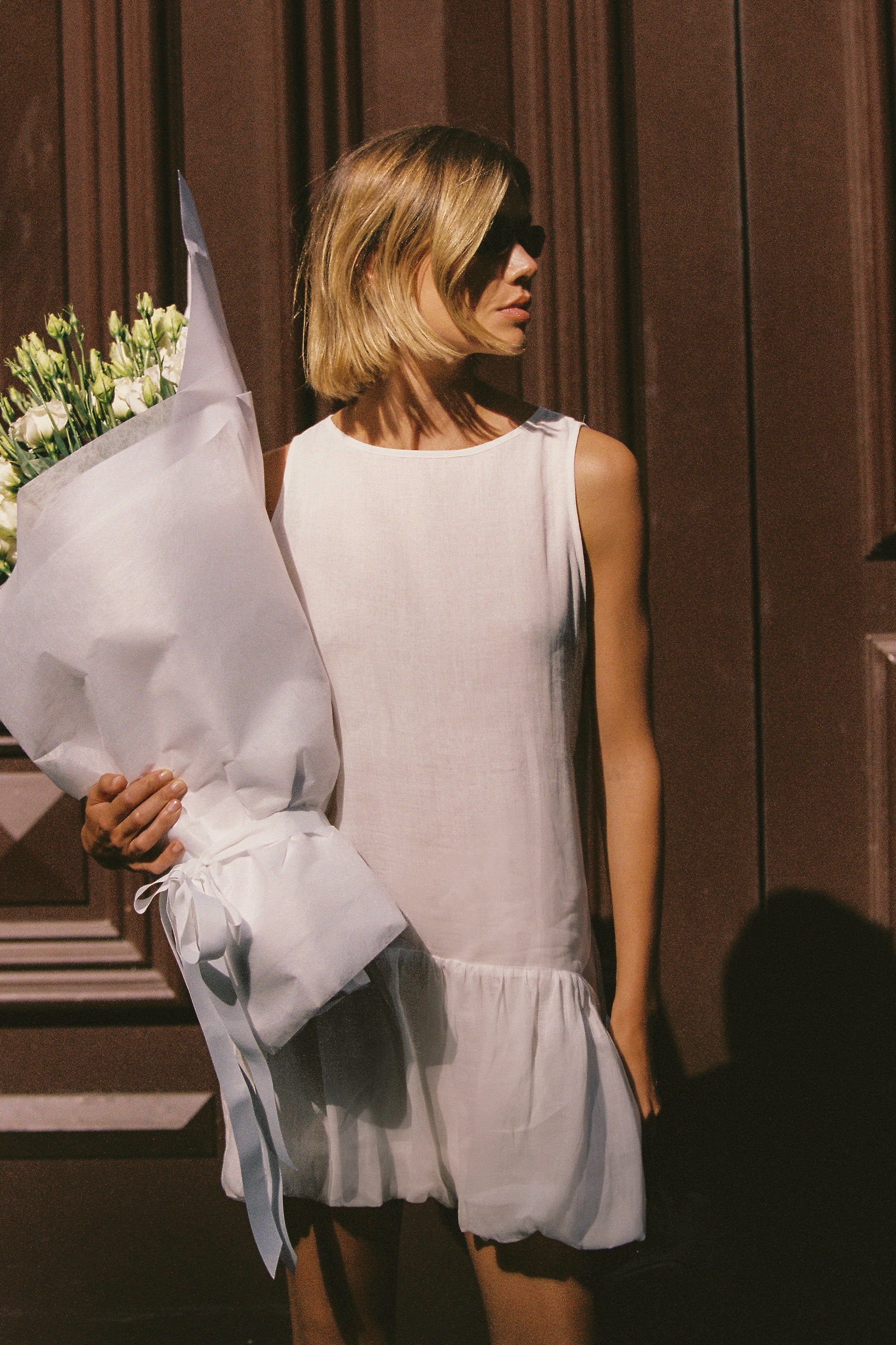 ARLO WHITE RAMIE BUBBLE MINI DRESS