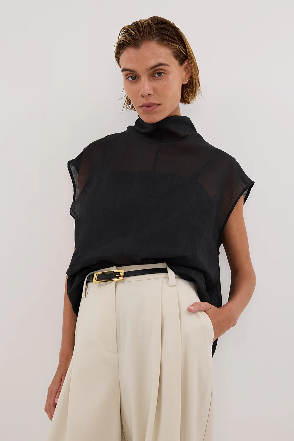 CARMEL BLACK RAMIE FUNNEL NECK TOP - Image 2