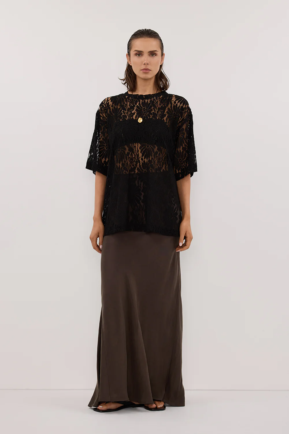 CONNIE BITTER CHOC CUPRO MAXI SKIRT