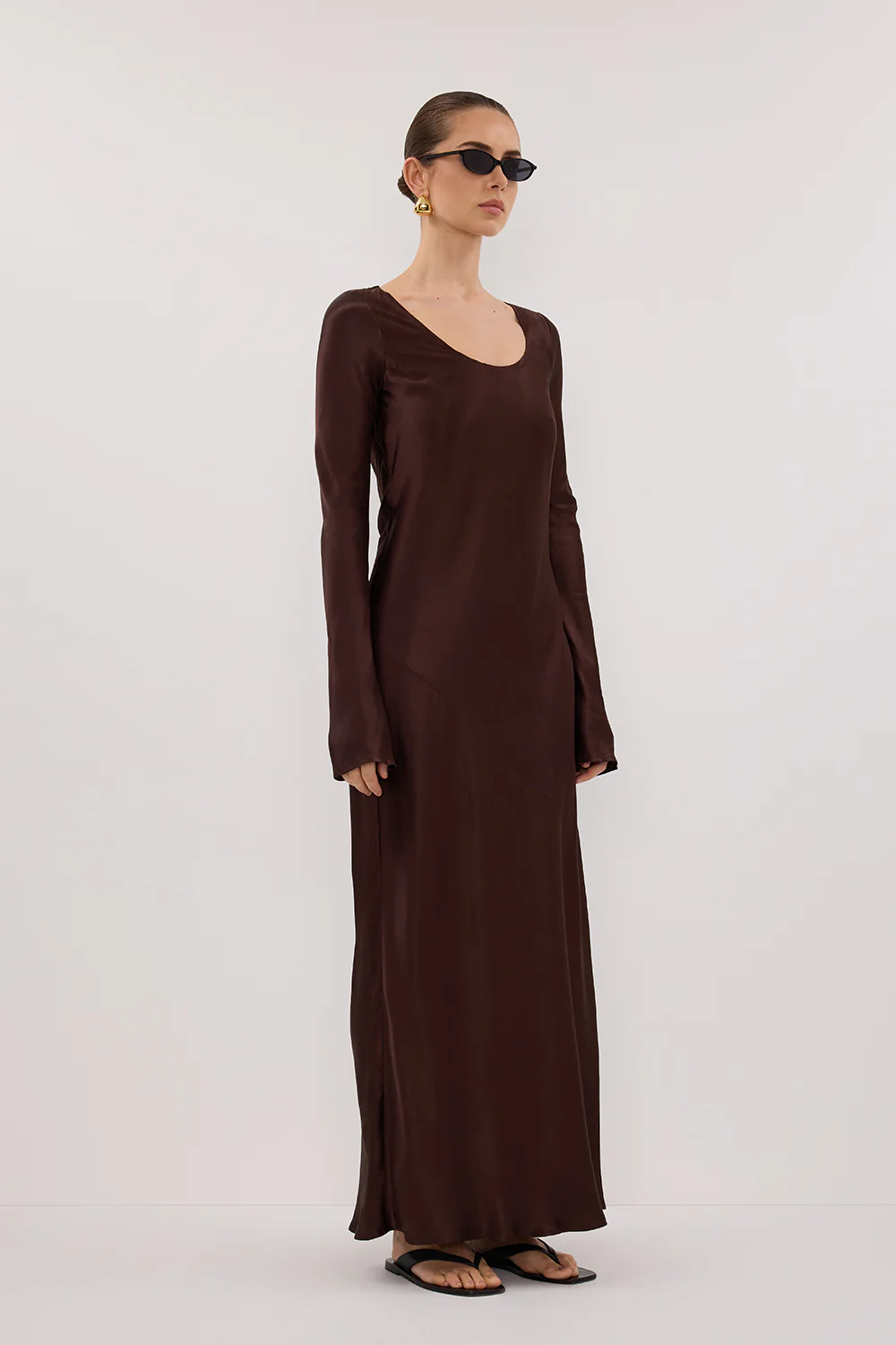 ELOISE BITTER CHOC LONG SLEEVE SATIN MIDI DRESS - Image 3
