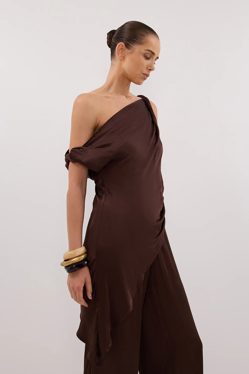 EVE BITTER CHOC ASYM SATIN TOP - Image 2