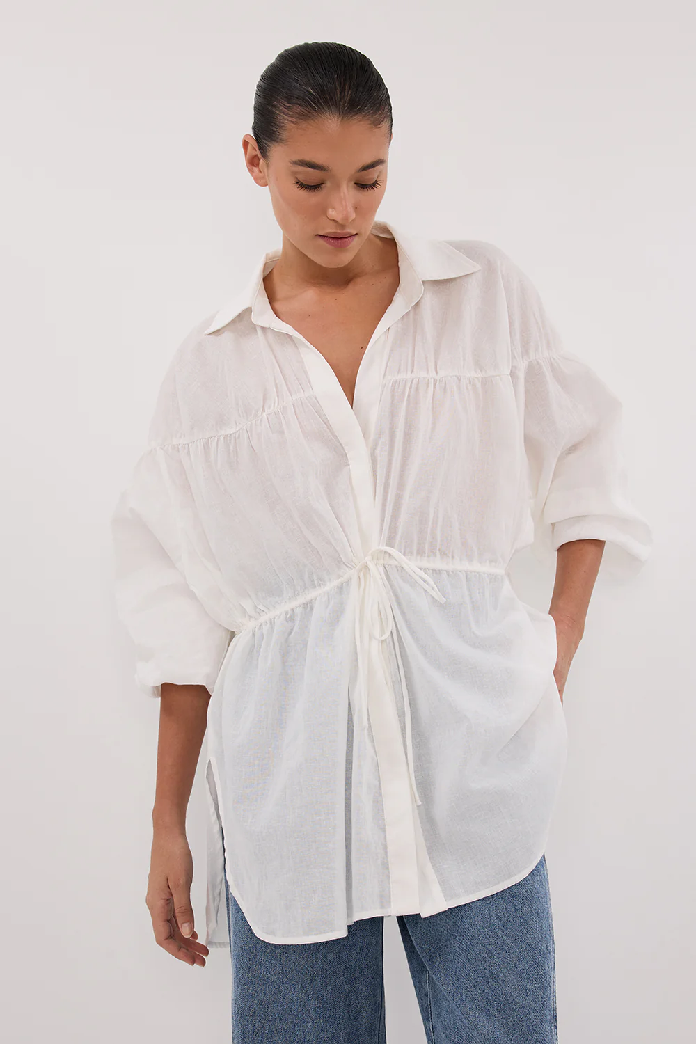 FLOYCE WHITE LINEN LONG SLEEVE TOP - Image 2