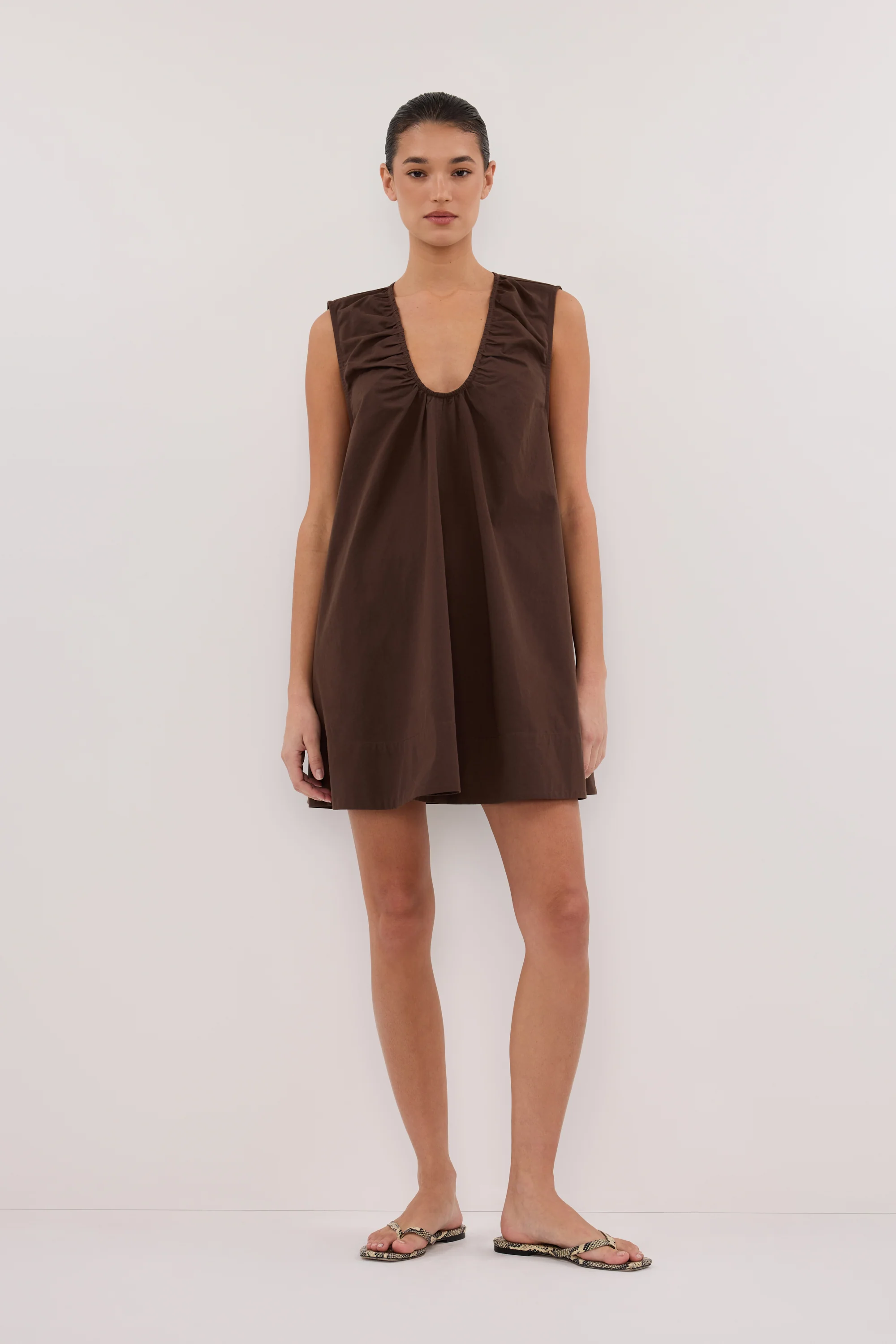 GABBY BITTER CHOC OVERSIZED COTTON MINI DRESS