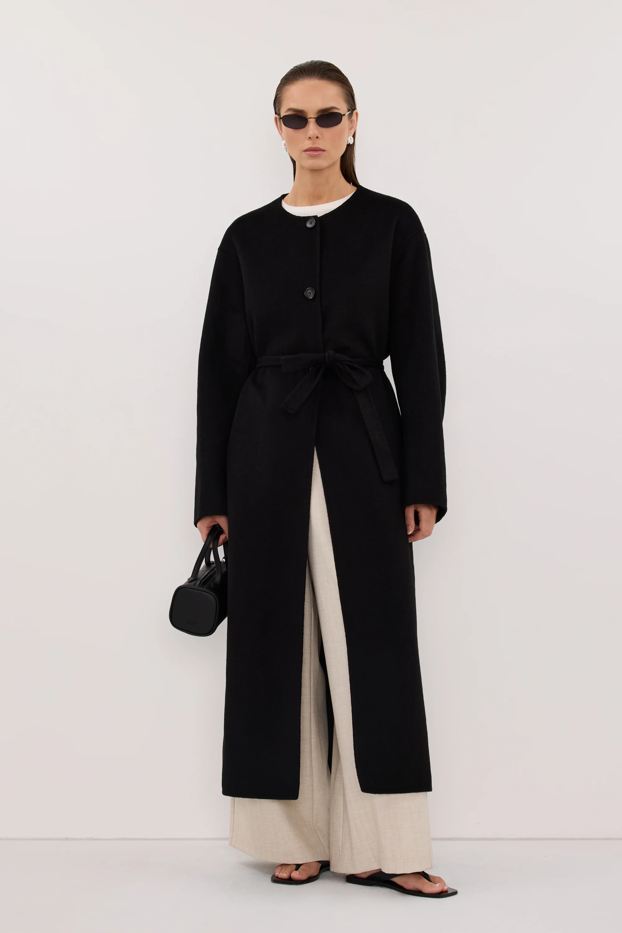 GRETA BLACK COLLARLESS WOOL BLEND COAT
