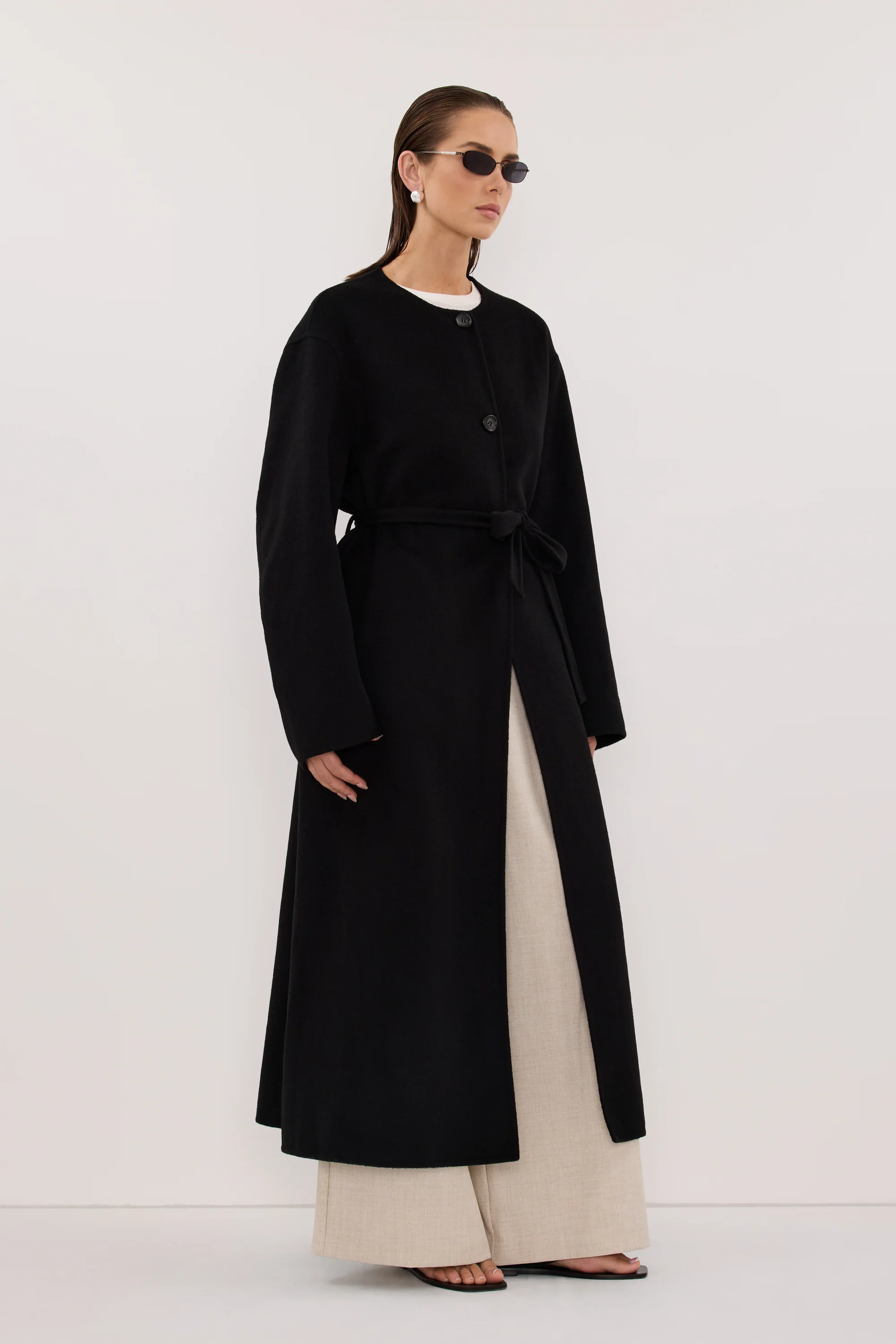 GRETA BLACK COLLARLESS WOOL BLEND COAT - Image 3