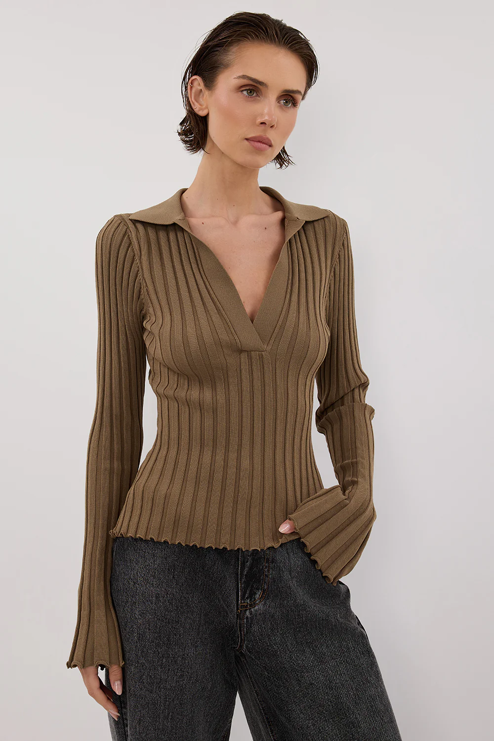 HAL OLIVE POLO LONG SLEEVE KNIT TOP - Image 6