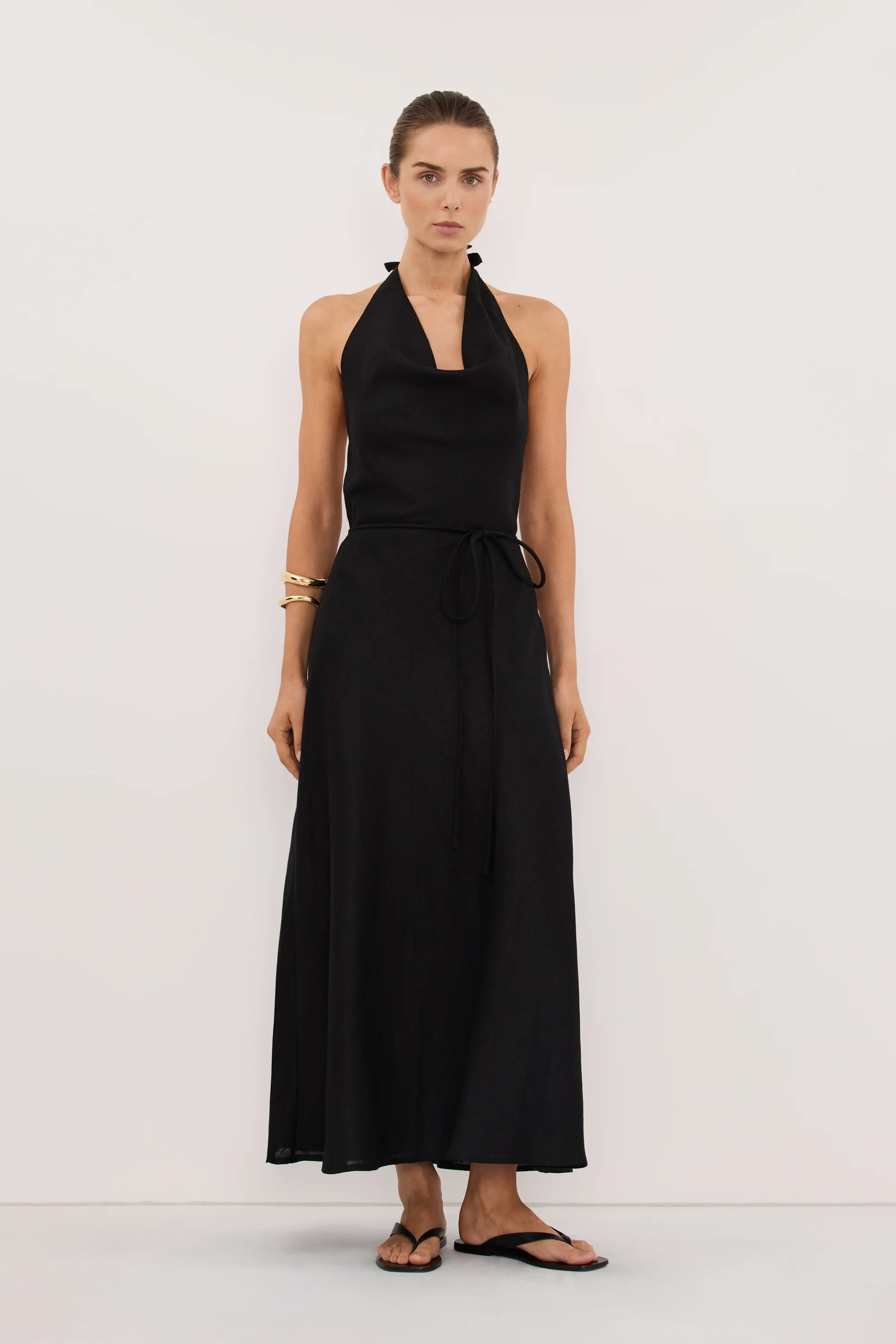 HAYLEE BLACK SLEEVELESS LINEN COWL MIDI DRESS