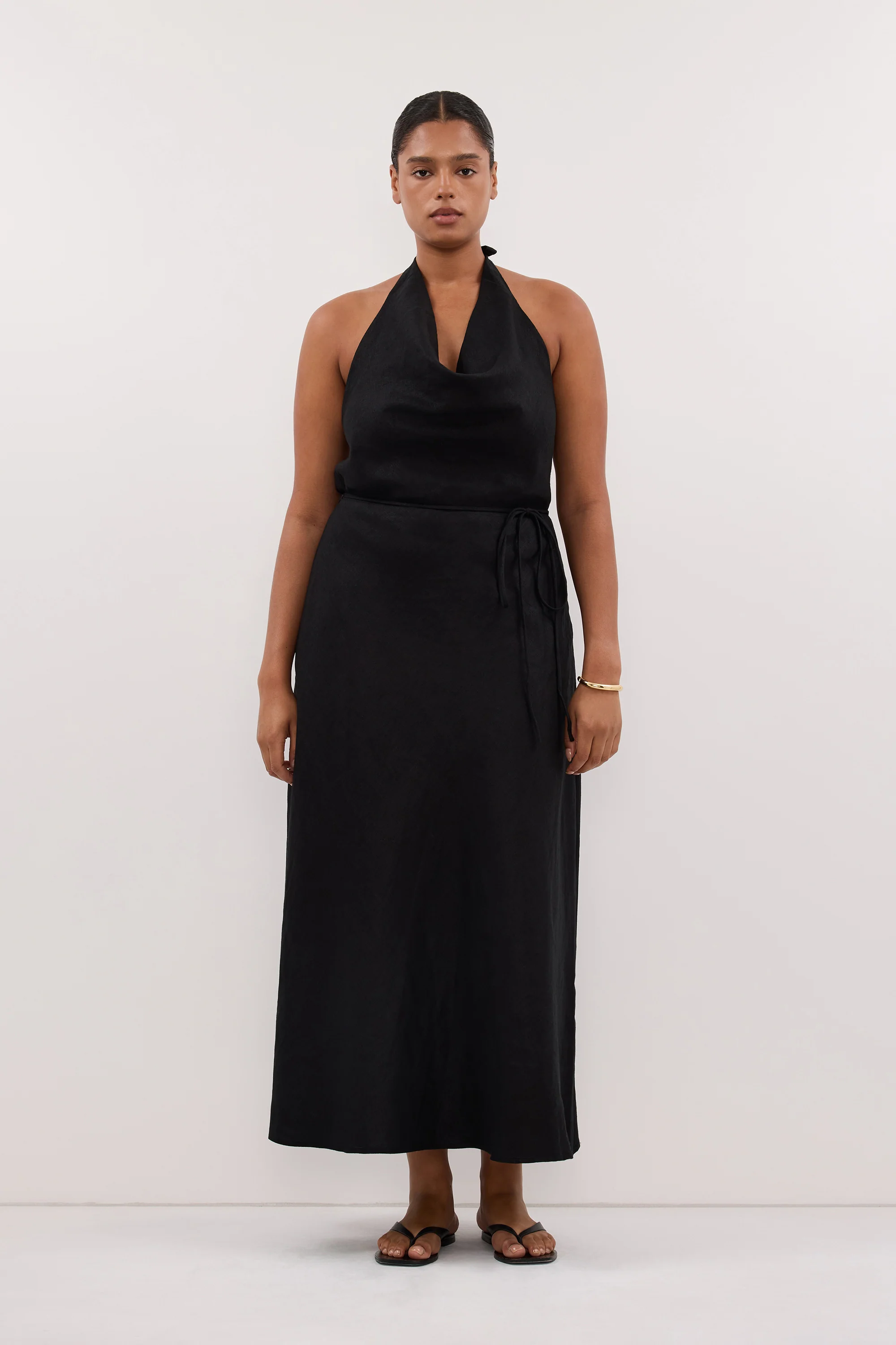 HAYLEE BLACK SLEEVELESS LINEN COWL MIDI DRESS - Image 6