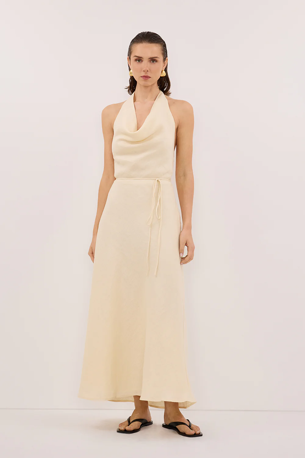 HAYLEE STRAW SLEEVELESS LINEN COWL MIDI DRESS