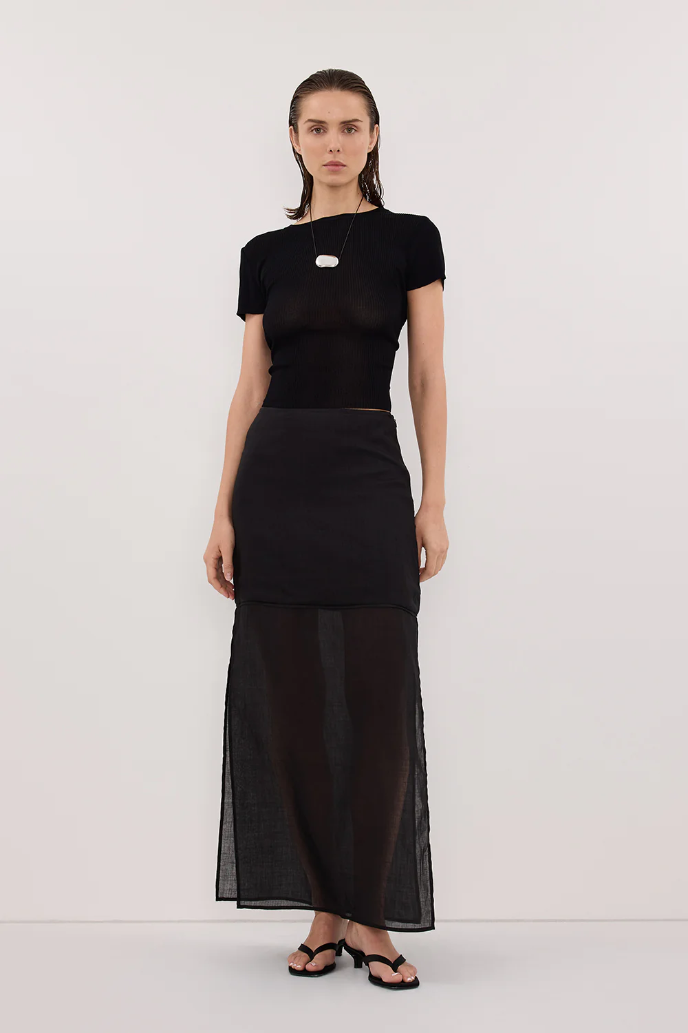 KAI BLACK RAMIE MIDI SKIRT