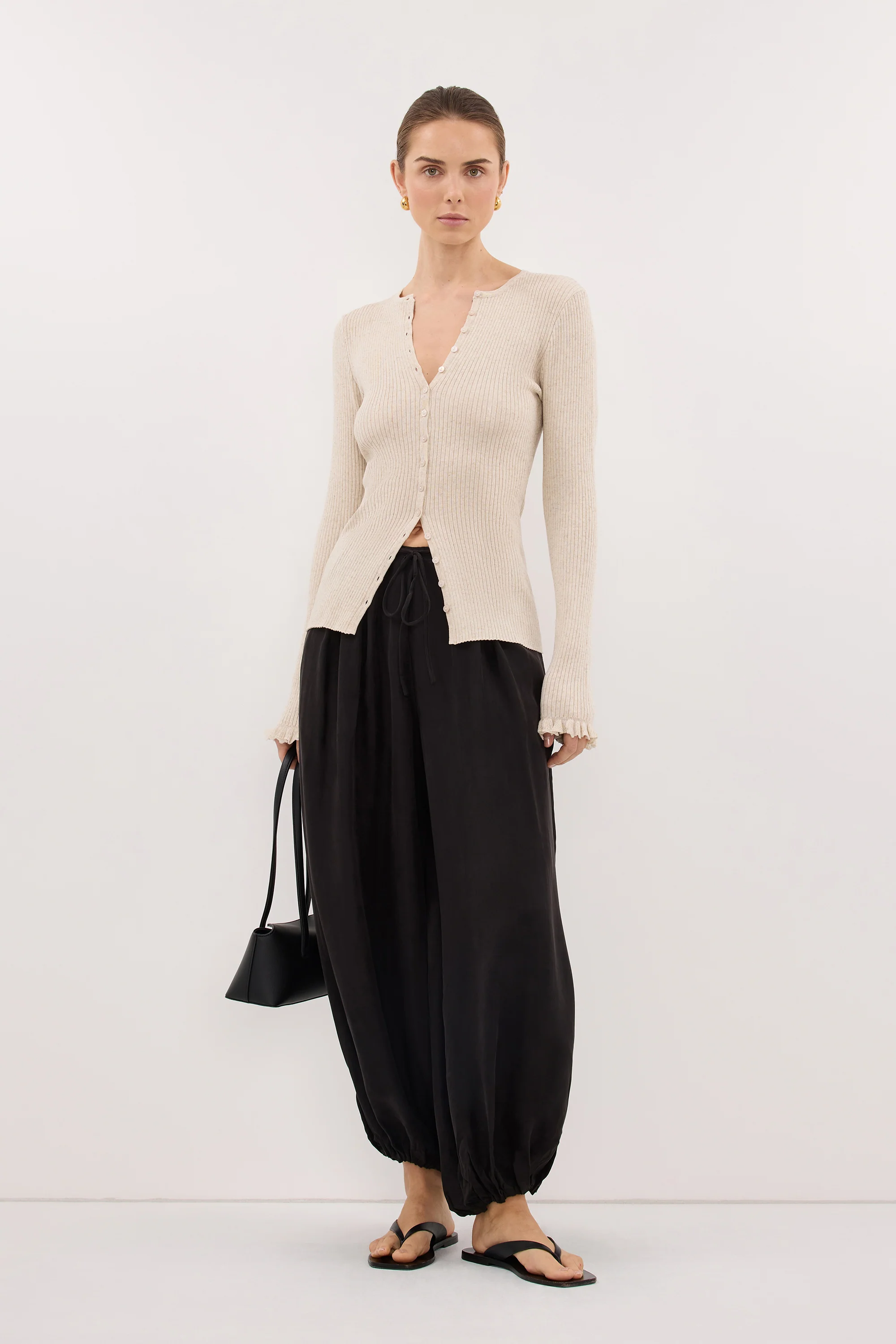 KAIA NATURAL RUFFLE KNIT CARDIGAN
