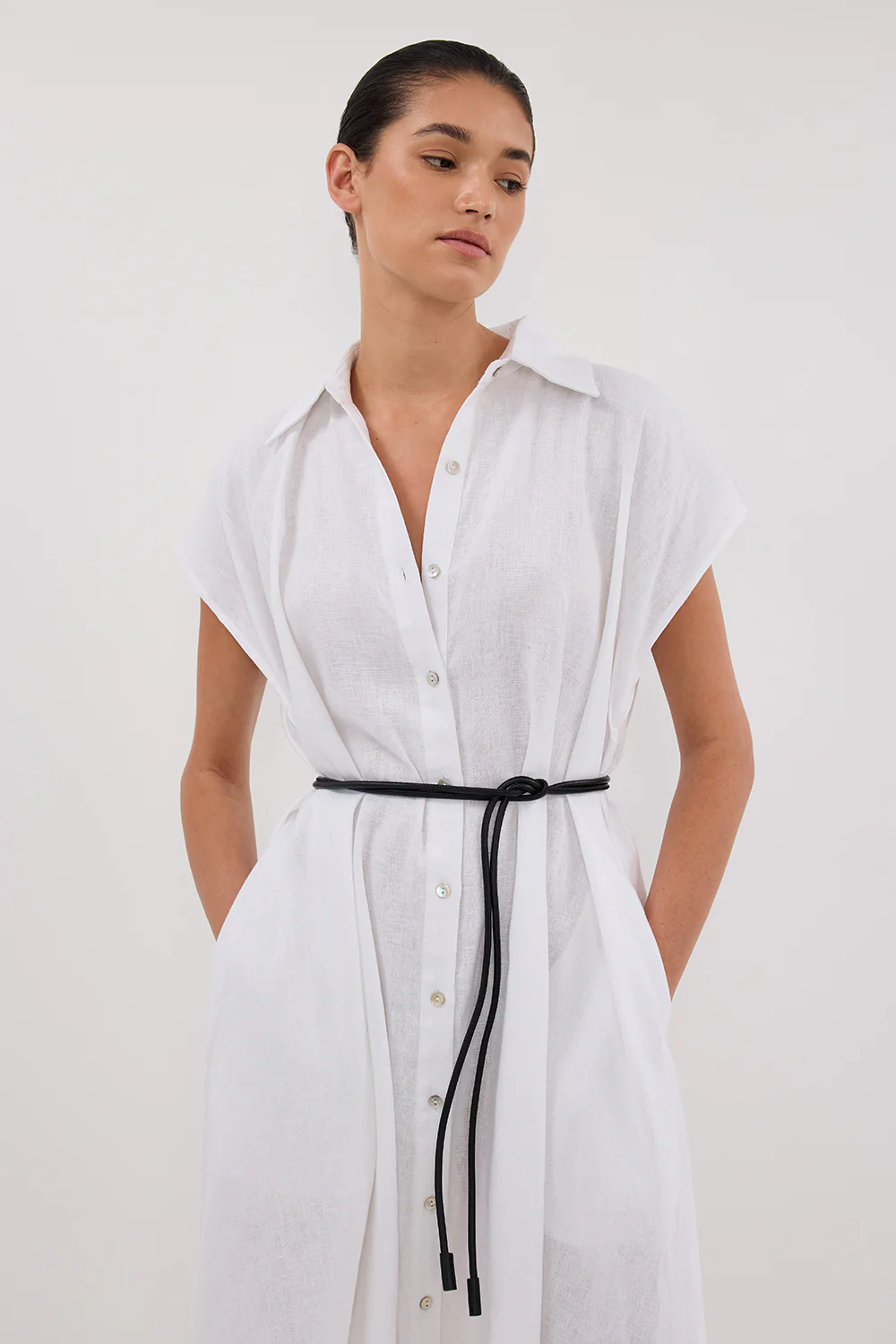 LANA WHITE LINEN MIDI SHIRT DRESS - Image 2