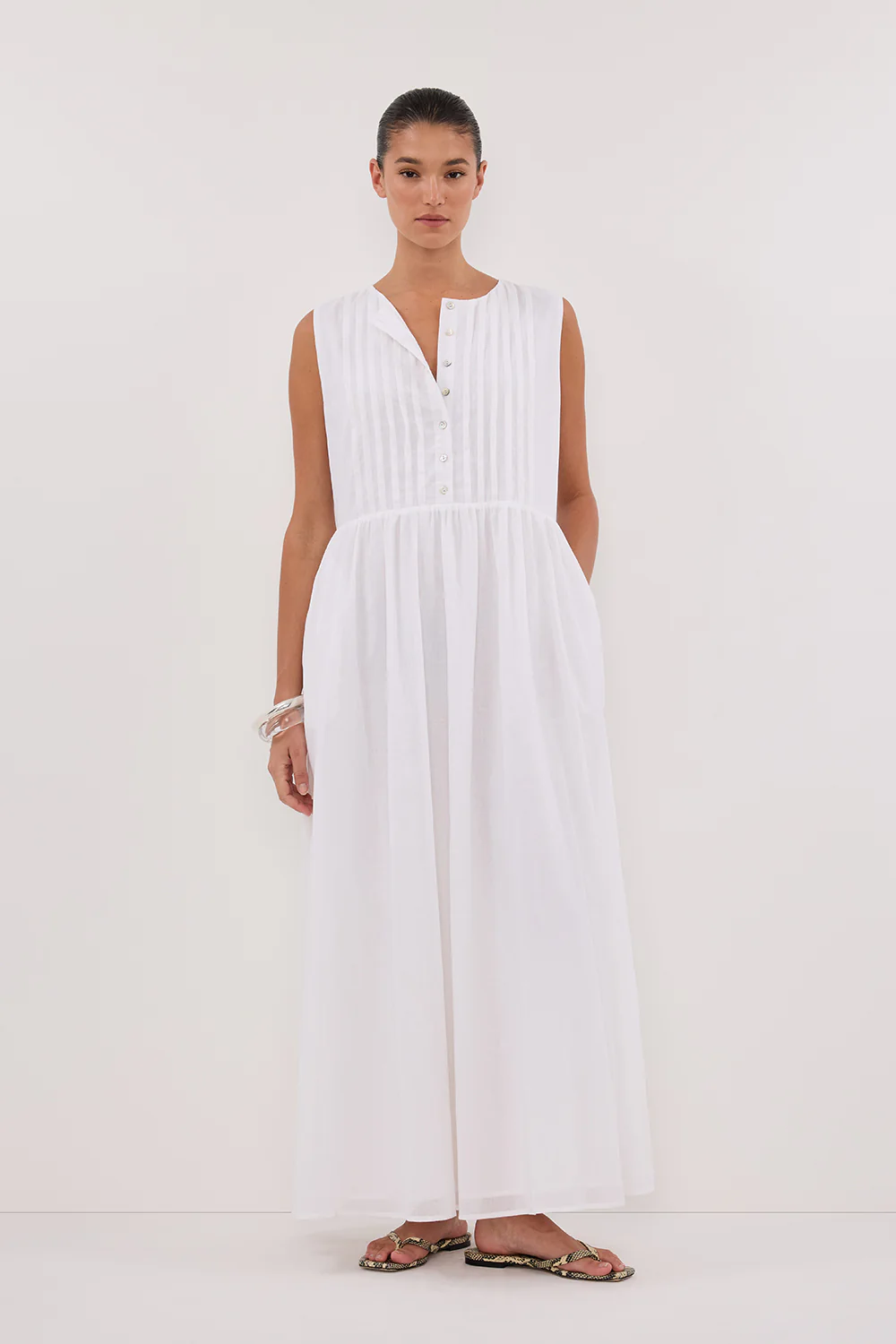LARS WHITE PINTUCK LINEN MIDI DRESS