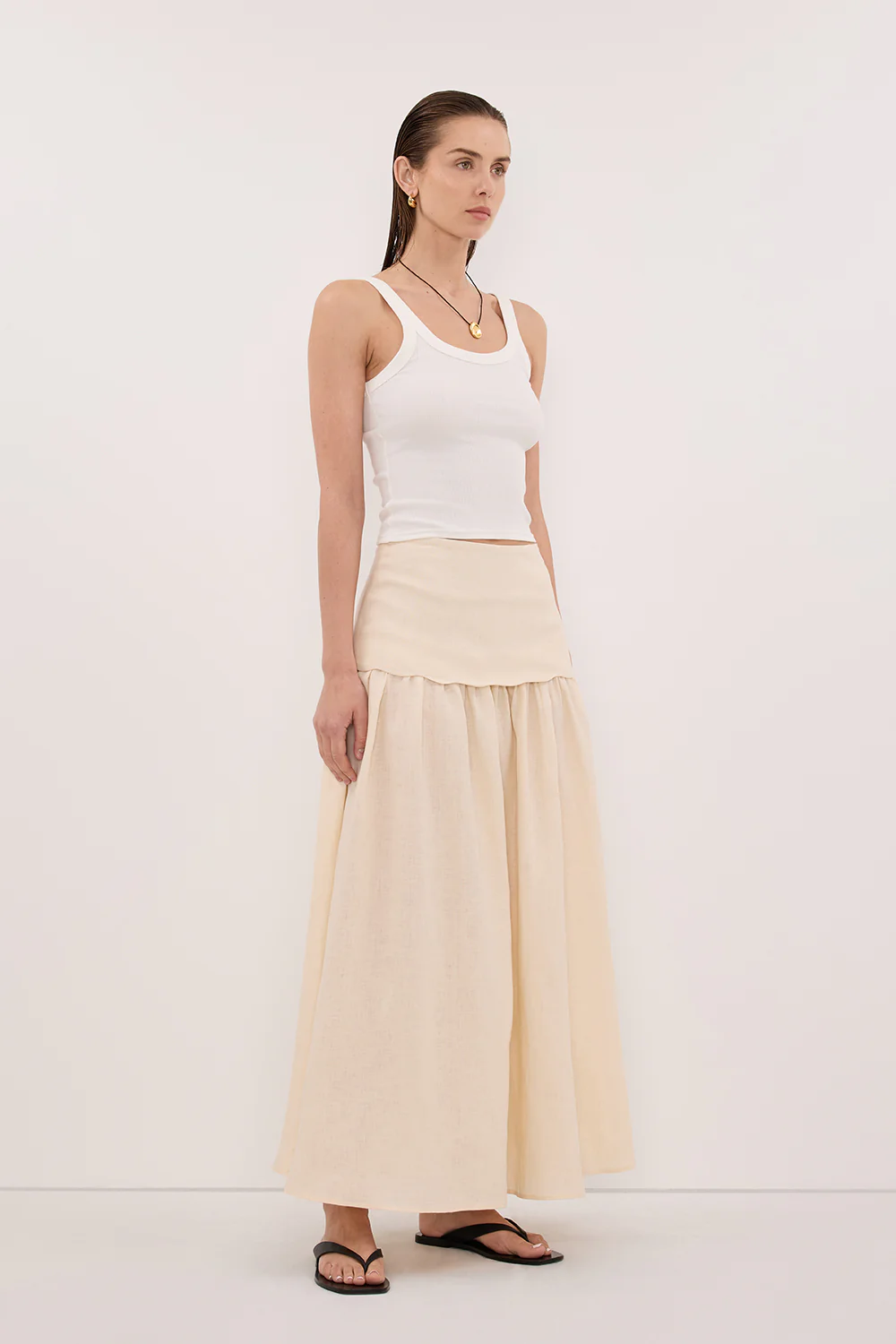 LELA SANDSTONE FOLDOVER LINEN MIDI SKIRT - Image 3