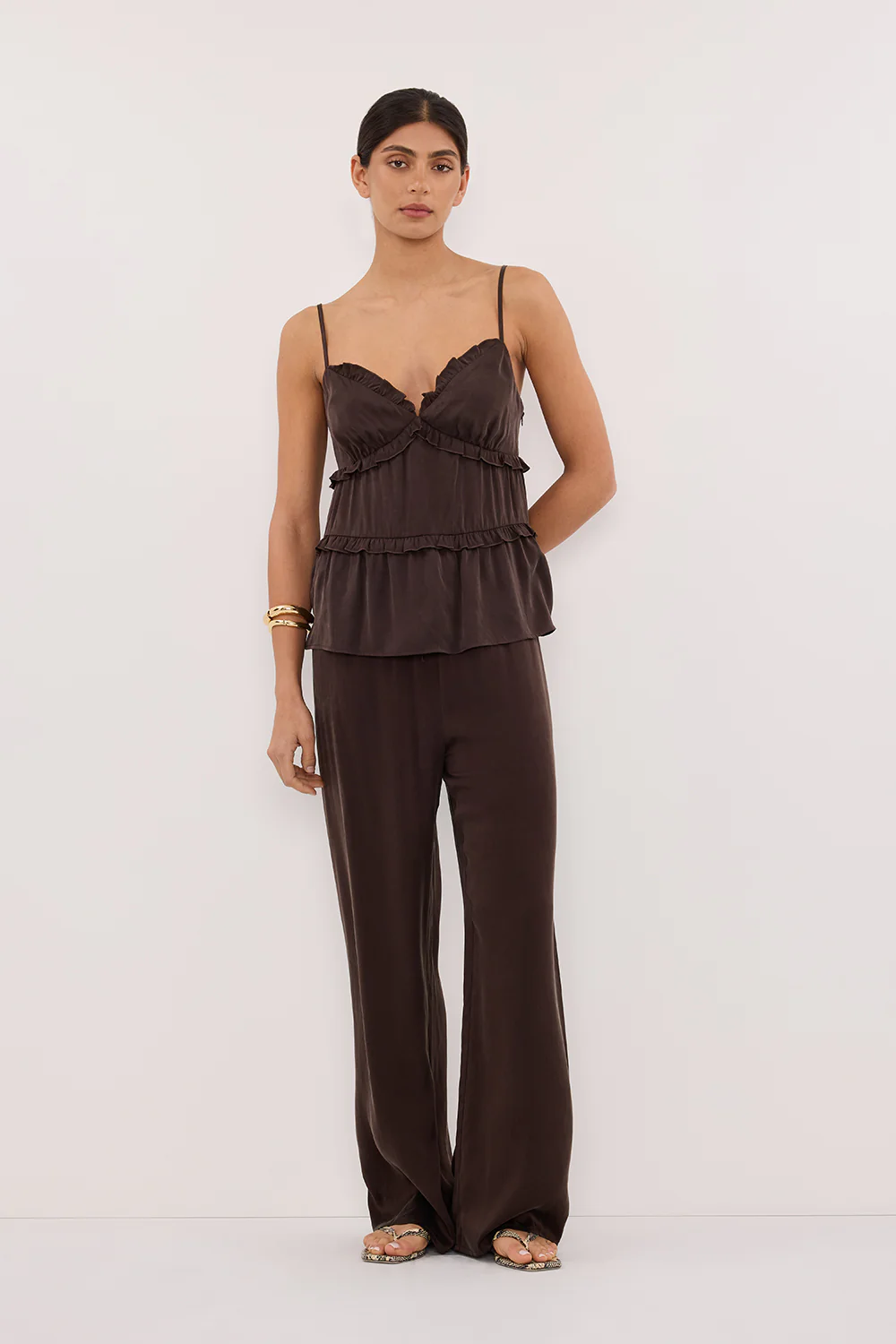 LENA BITTER CHOC SILK SLEEVELESS FRILL TOP