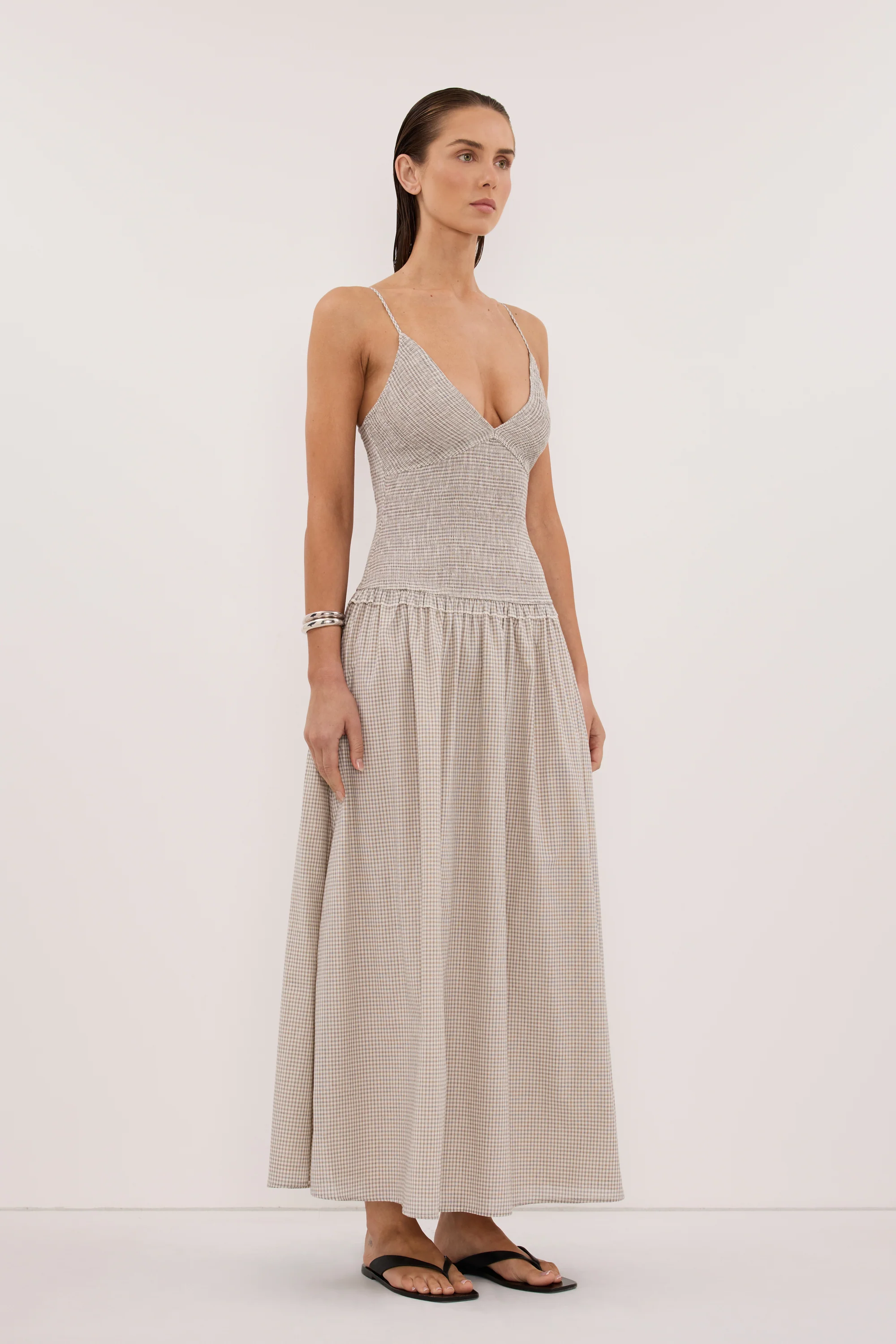 LILITH SLEEVELESS CHECK COTTON MIDI DRESS - Image 4