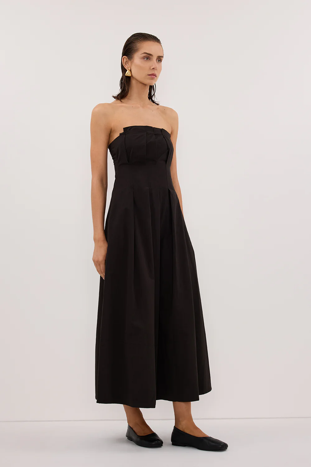 LILLY BLACK COTTON STRAPLESS MIDI DRESS - Image 3