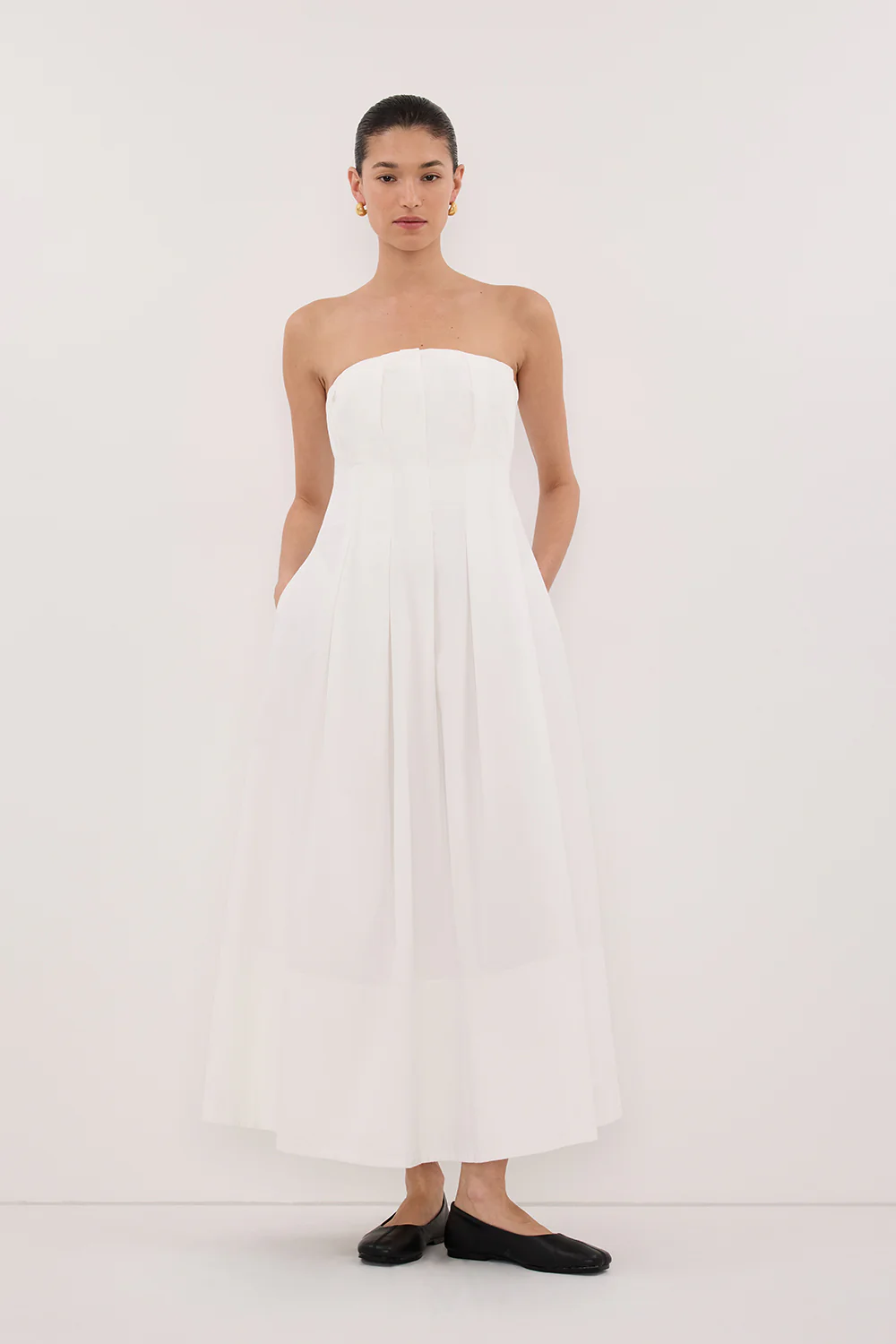 LILLY WHITE COTTON STRAPLESS MIDI DRESS