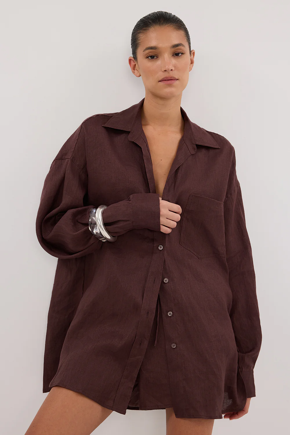 LUNE WALNUT OVERSIZED LINEN SHIRT - Image 2