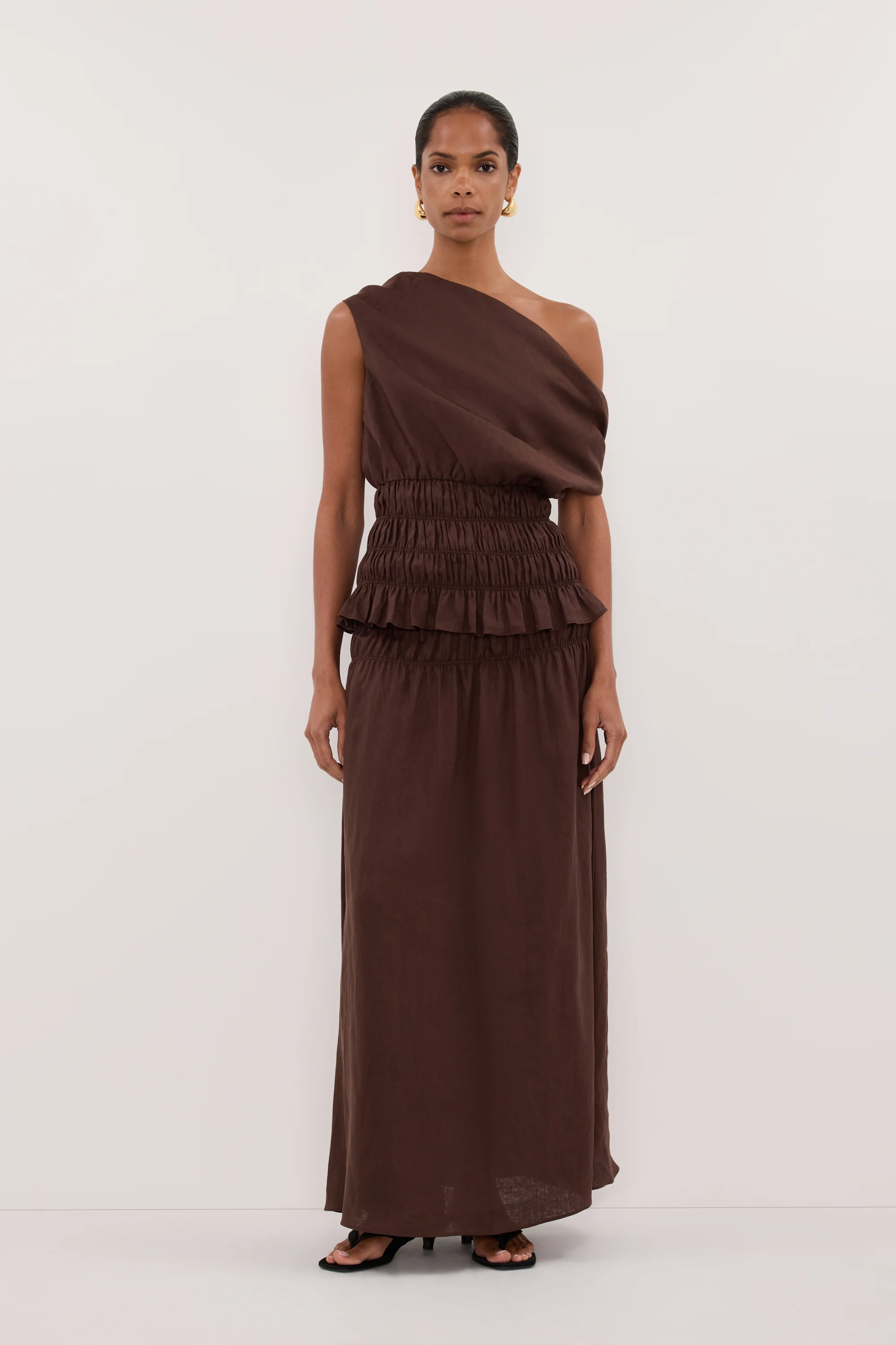 MAIA COCOA LINEN SHIRRED MIDI SKIRT