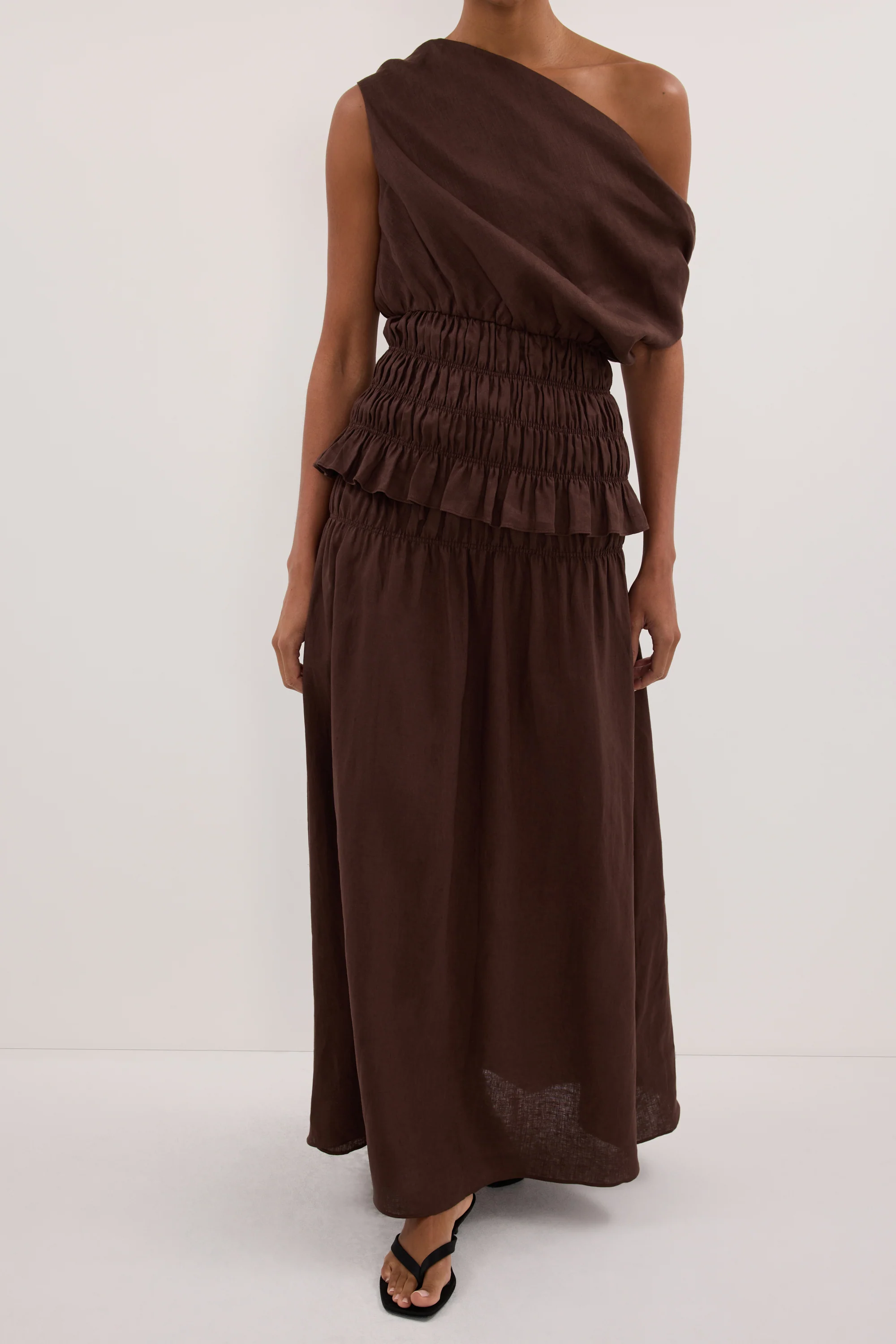 MAIA COCOA LINEN SHIRRED MIDI SKIRT - Image 2