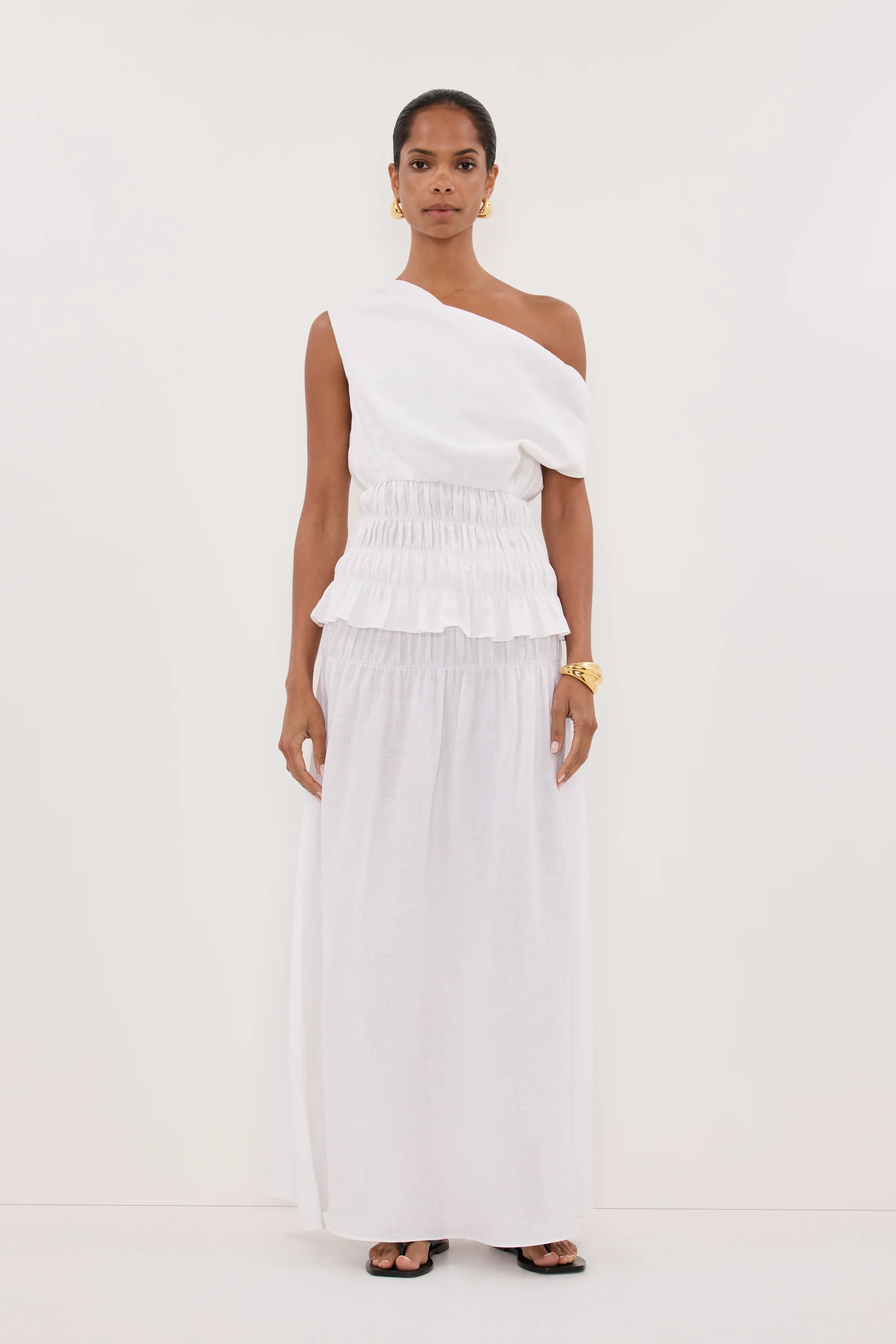 MAIA WHITE LINEN SHIRRED MIDI SKIRT