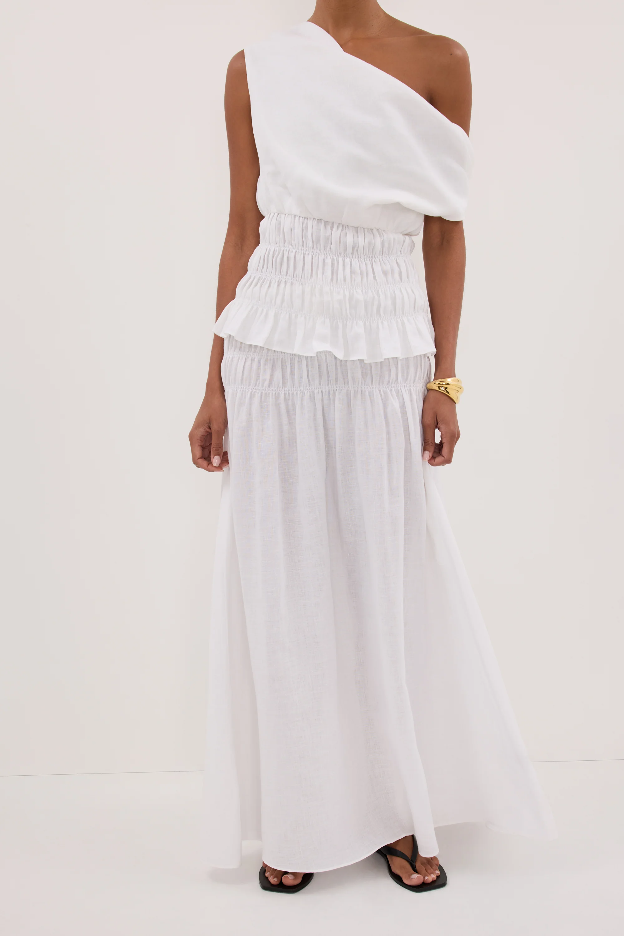 MAIA WHITE LINEN SHIRRED MIDI SKIRT - Image 2