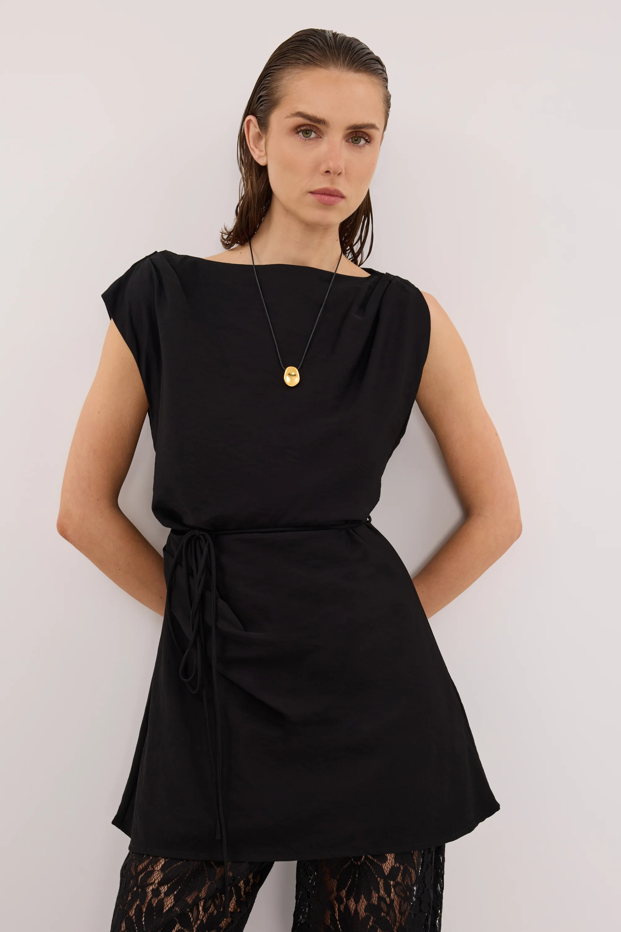 MARMO BLACK DRAPED MINI DRESS - Image 2