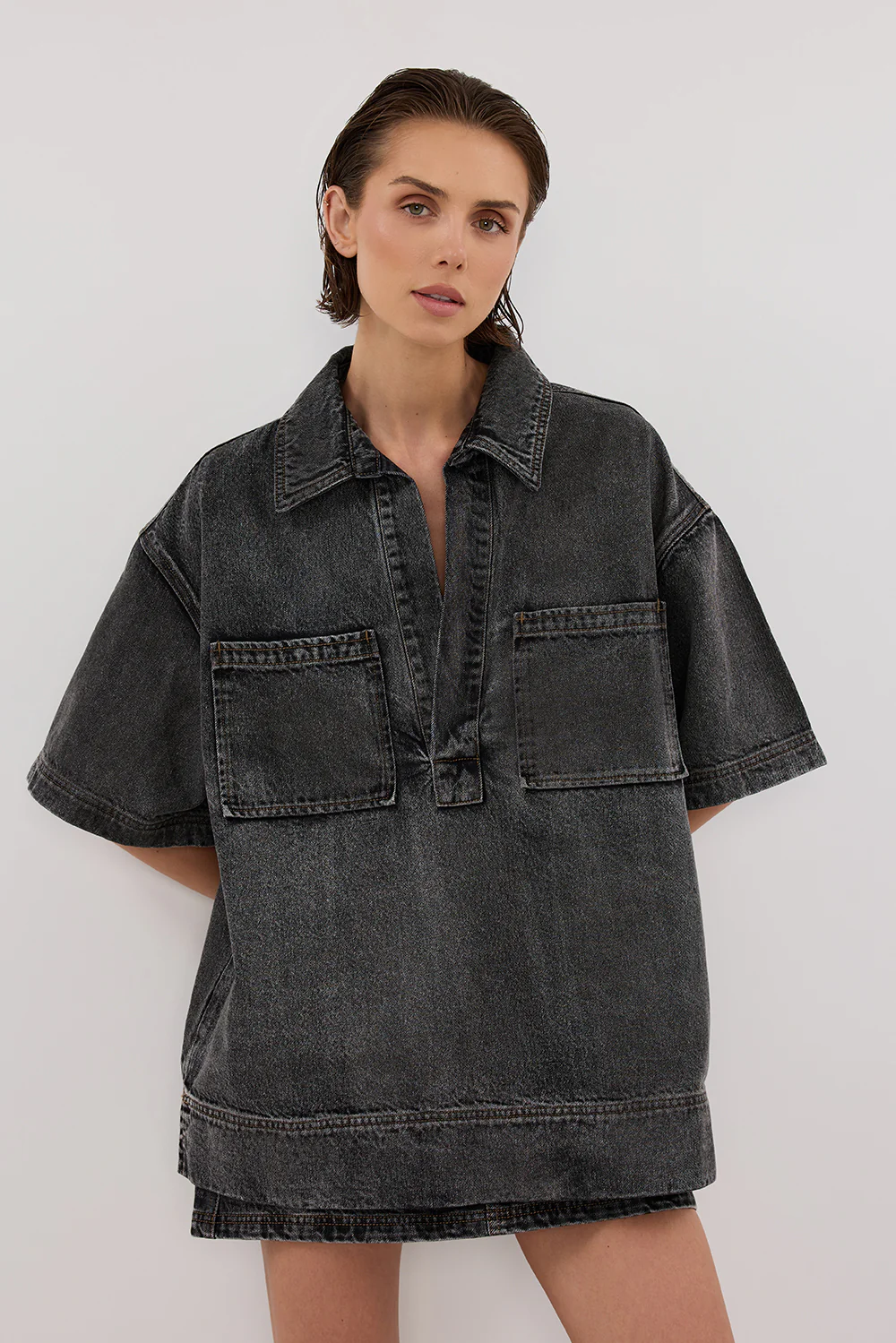 MASON WASHED BLACK BOXY DENIM SHIRT - Image 2