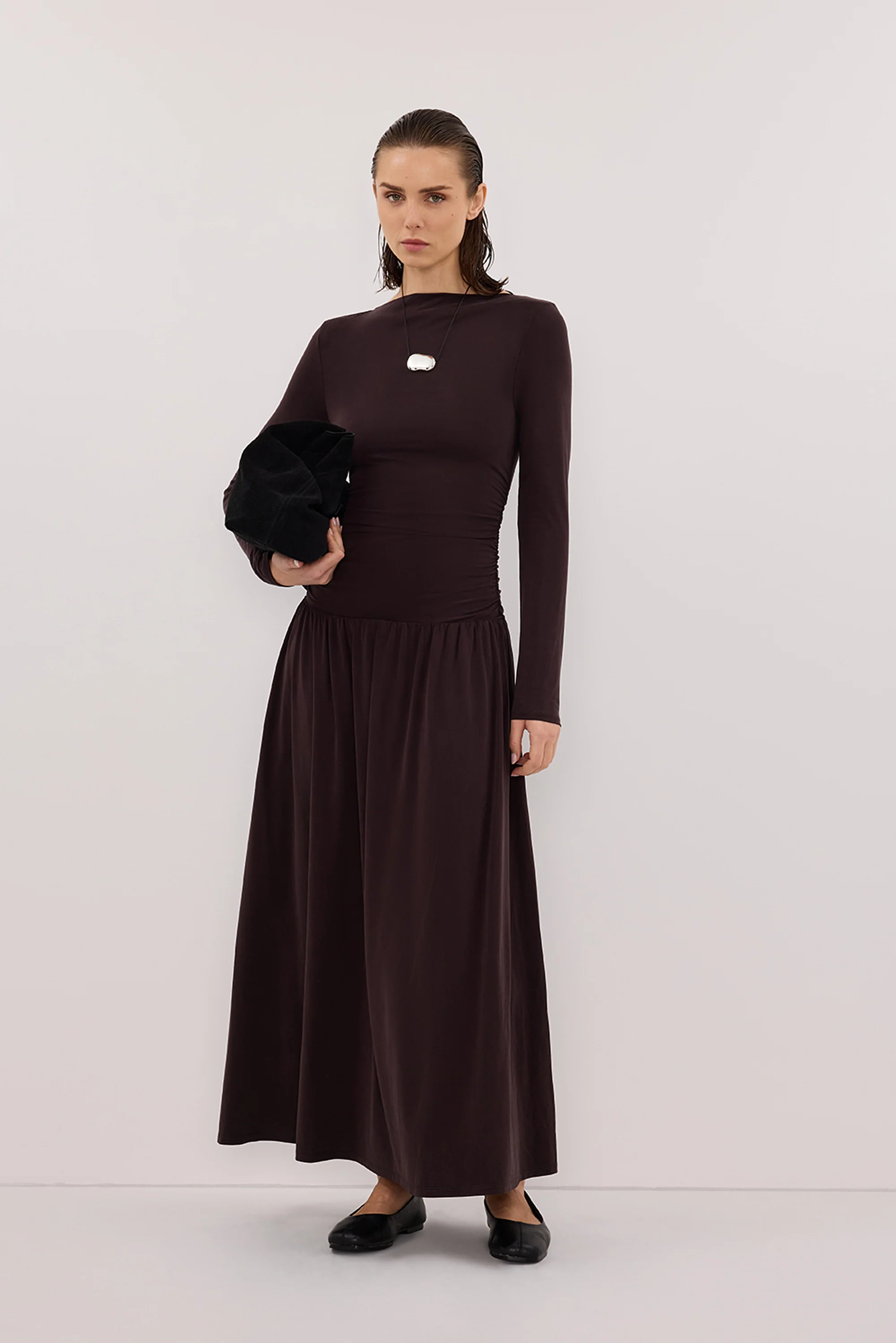 MEG BURNT CHOC LONG SLEEVE KNIT MIDI DRESS
