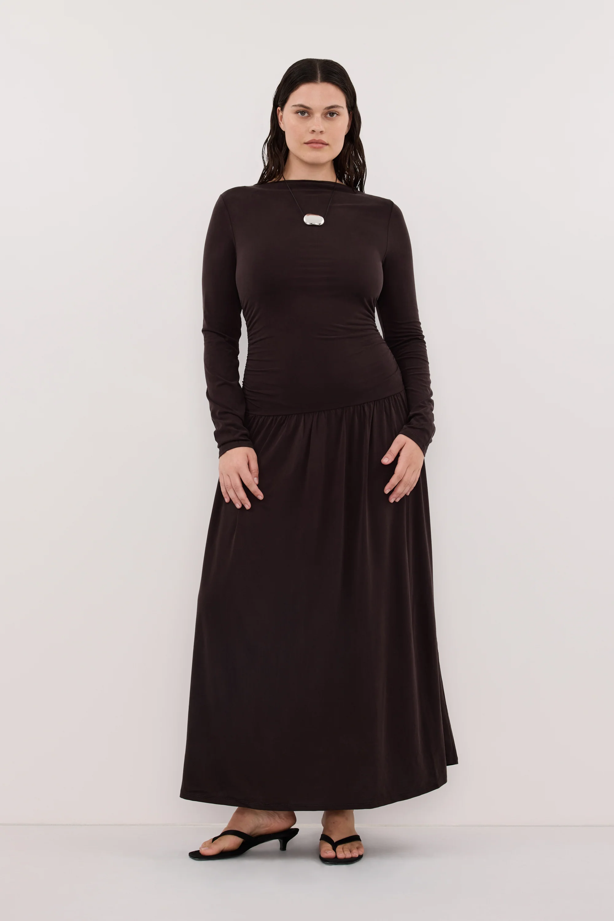 MEG BURNT CHOC LONG SLEEVE KNIT MIDI DRESS - Image 6