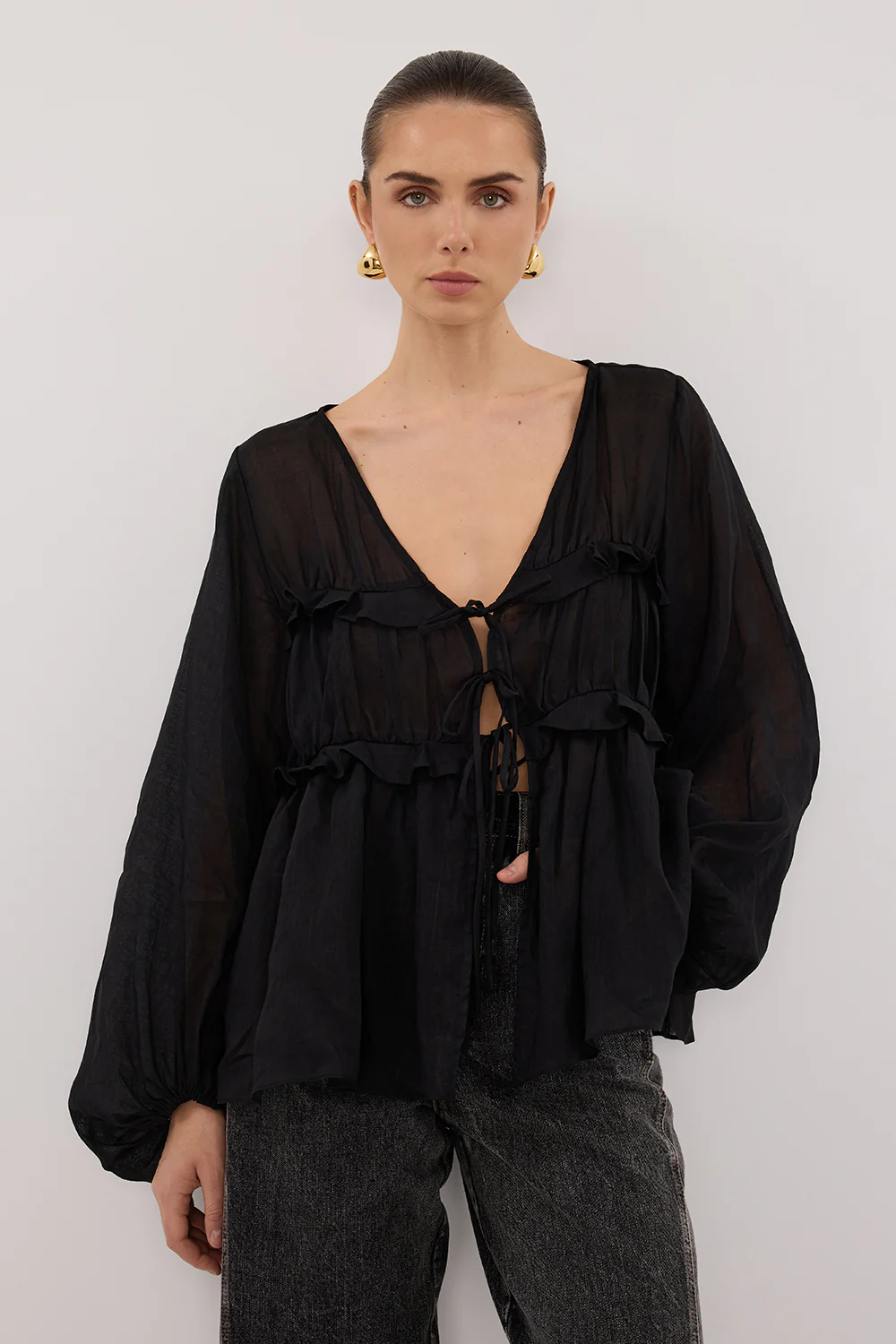 MILA BLACK RAMIE LONG SLEEVE FRILL TOP - Image 2
