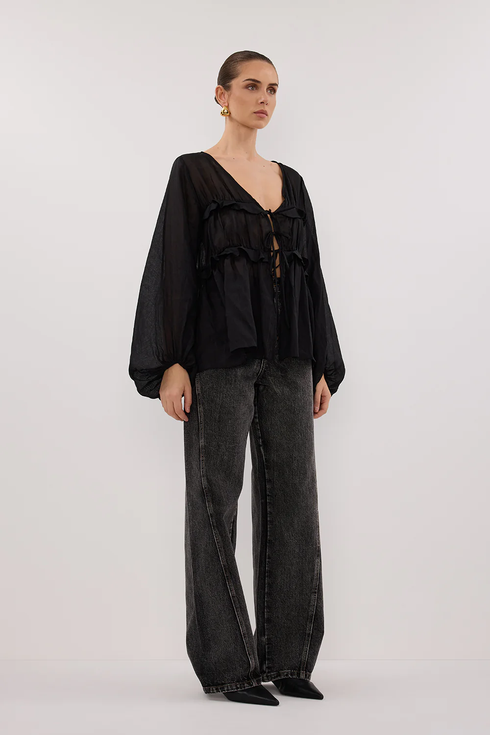 MILA BLACK RAMIE LONG SLEEVE FRILL TOP - Image 3