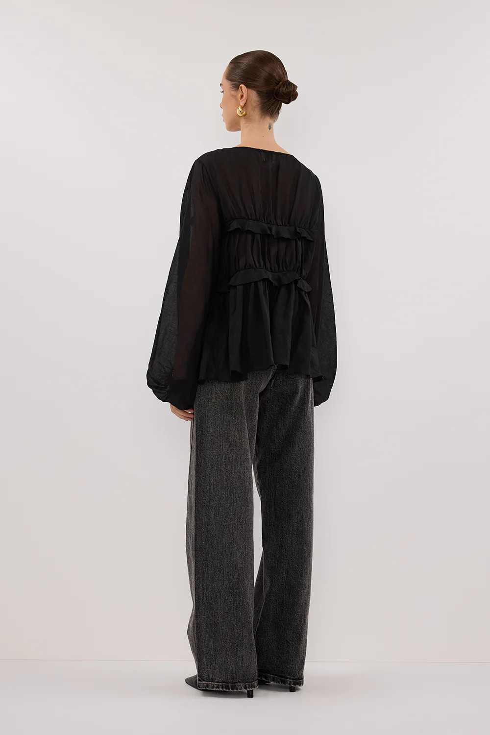 MILA BLACK RAMIE LONG SLEEVE FRILL TOP - Image 4