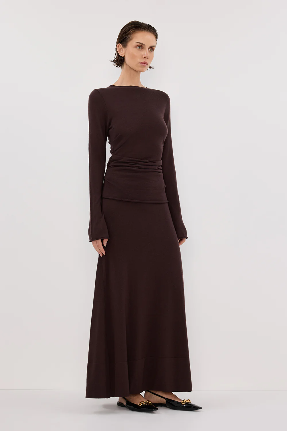 NICO BITTER CHOC MERINO MAXI SKIRT - Image 3
