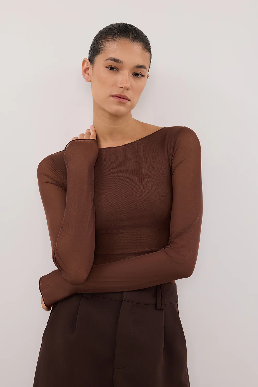 NYRA CHOC LONG SLEEVE MESH TOP - Image 5