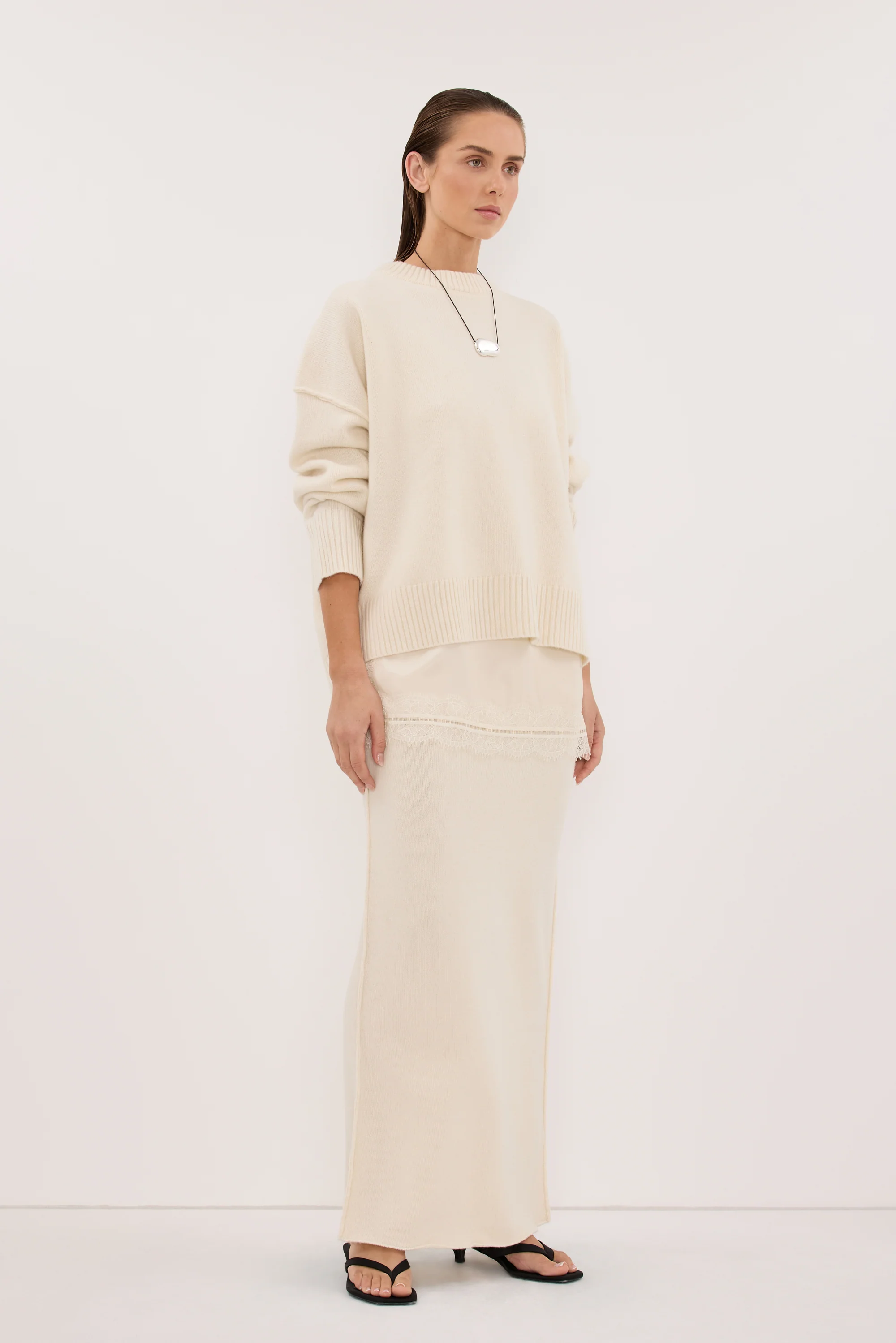 PAIGE CREAM WOOL KNIT MIDI SKIRT - Image 3