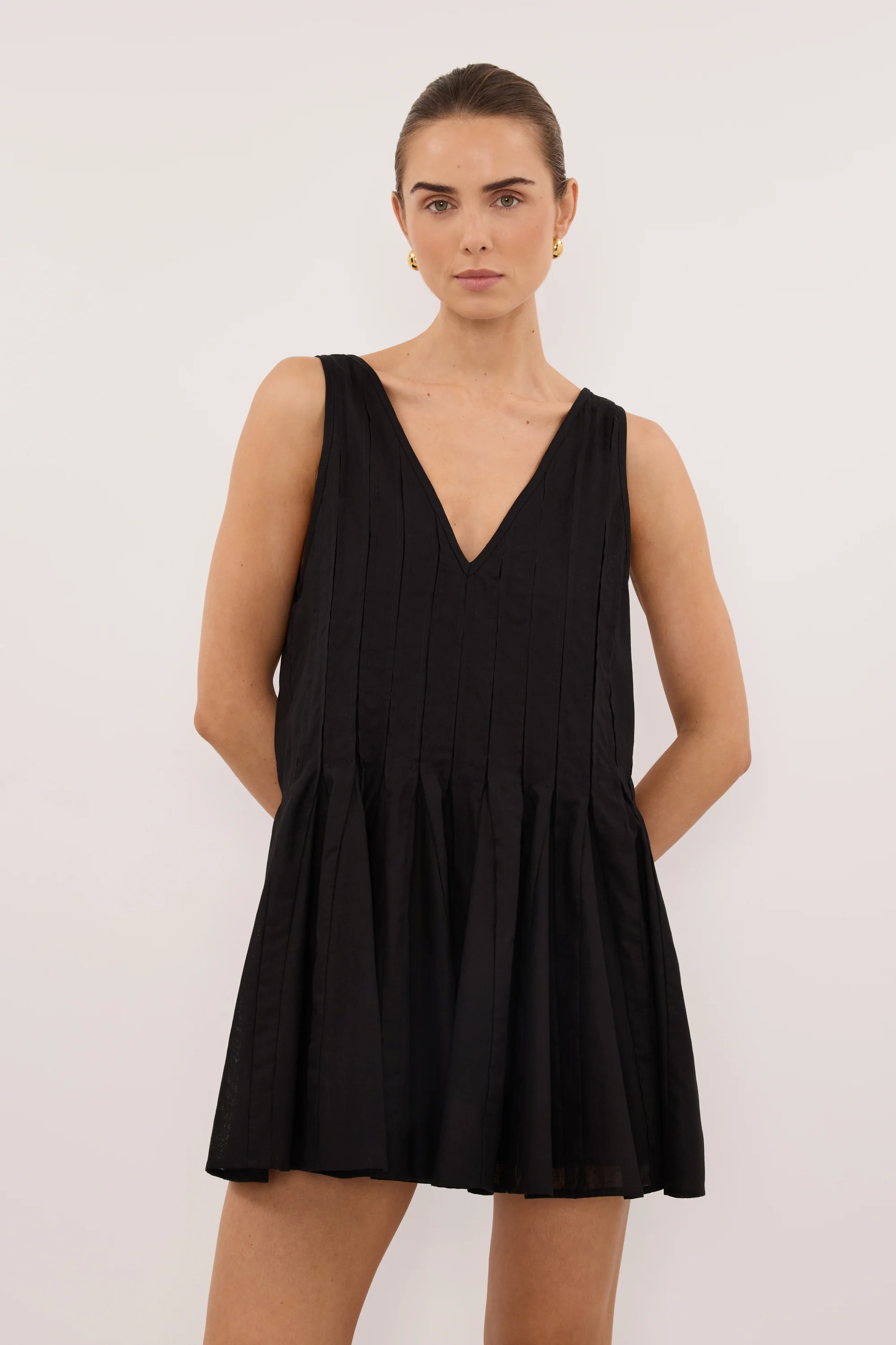 PIXIE BLACK LINEN MINI GODET DRESS - Image 2