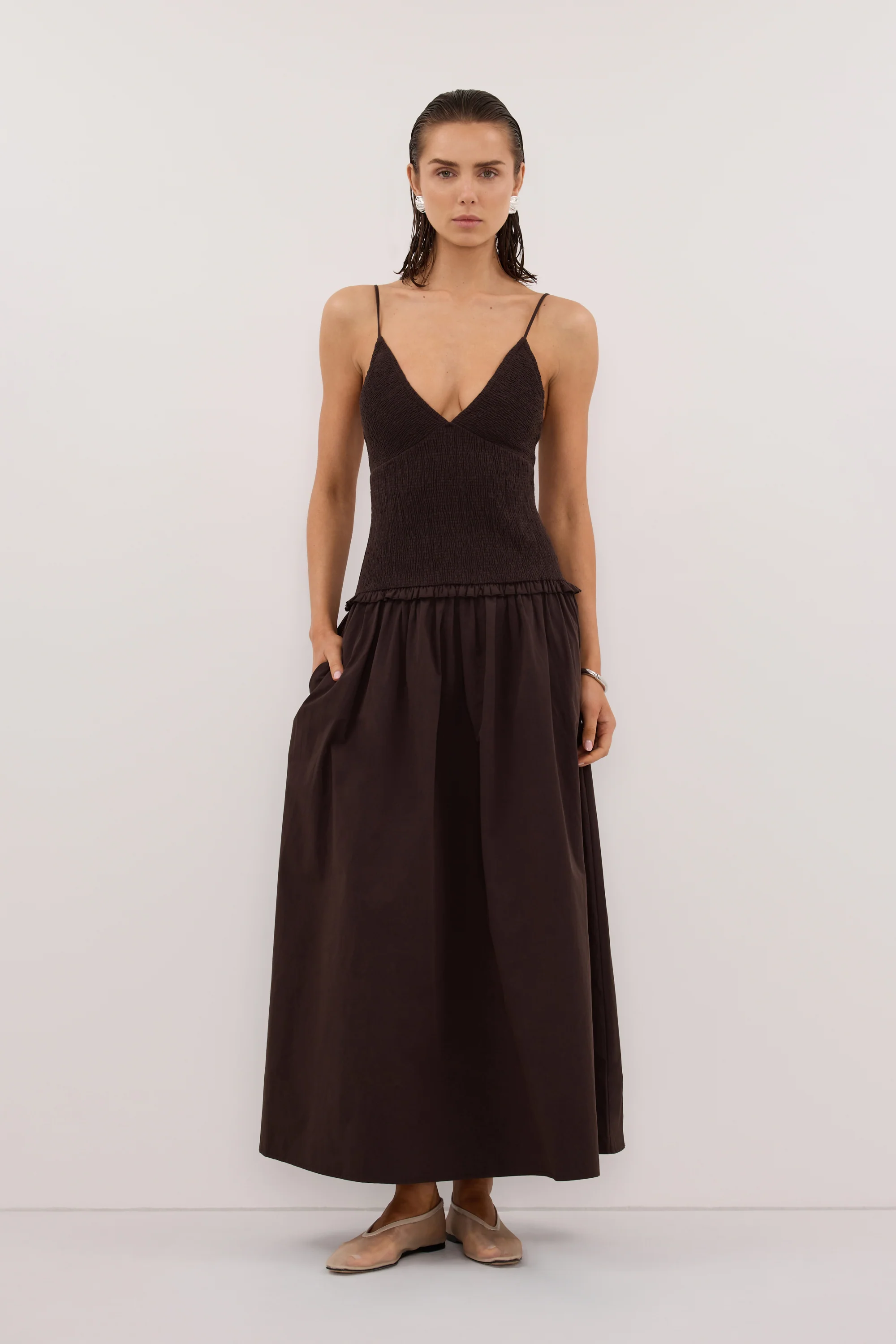 RAMONA BURNT CHOC SLEEVELESS COTTON MIDI DRESS