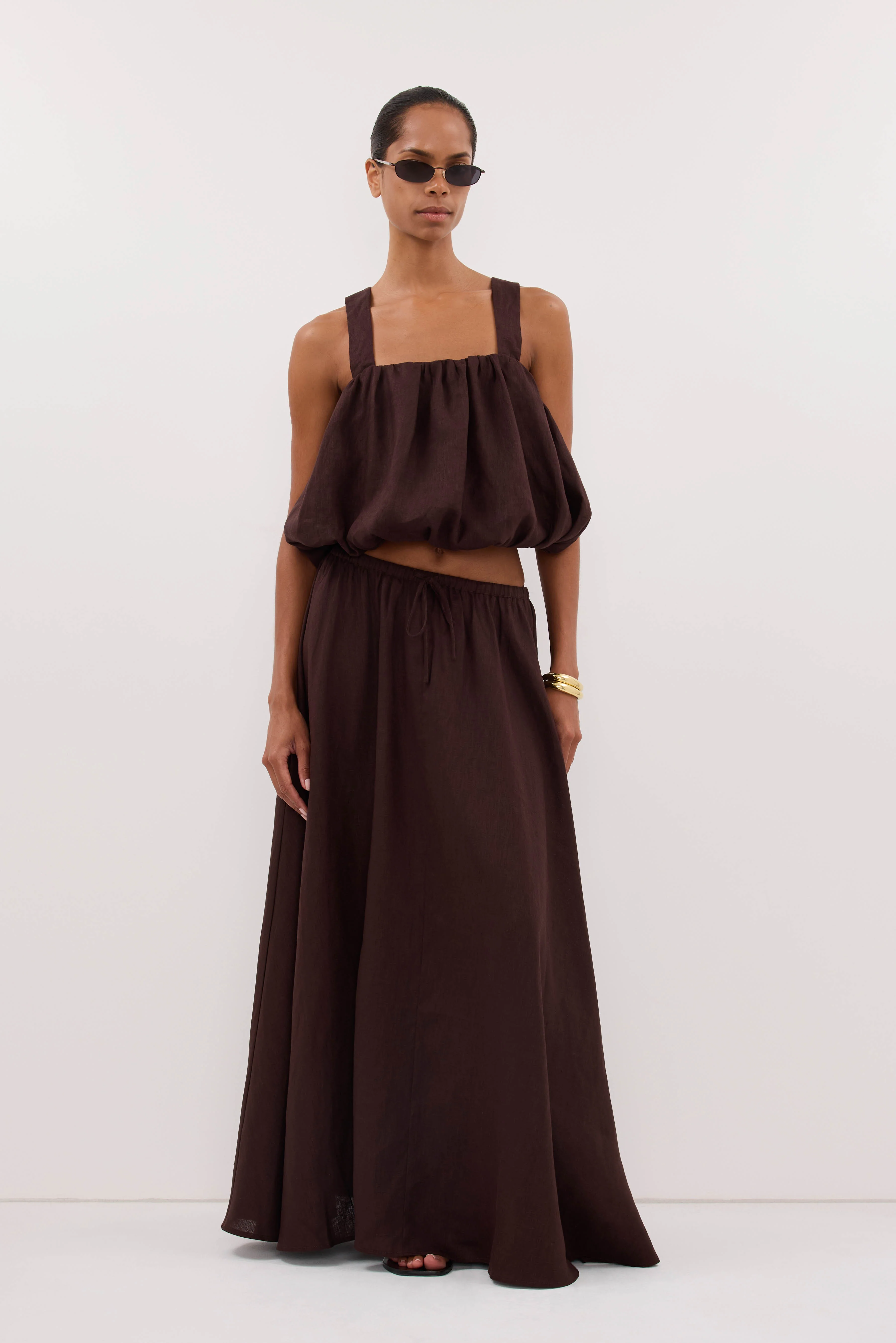 RAVELLO BURNT CHOC LINEN MIDI SKIRT