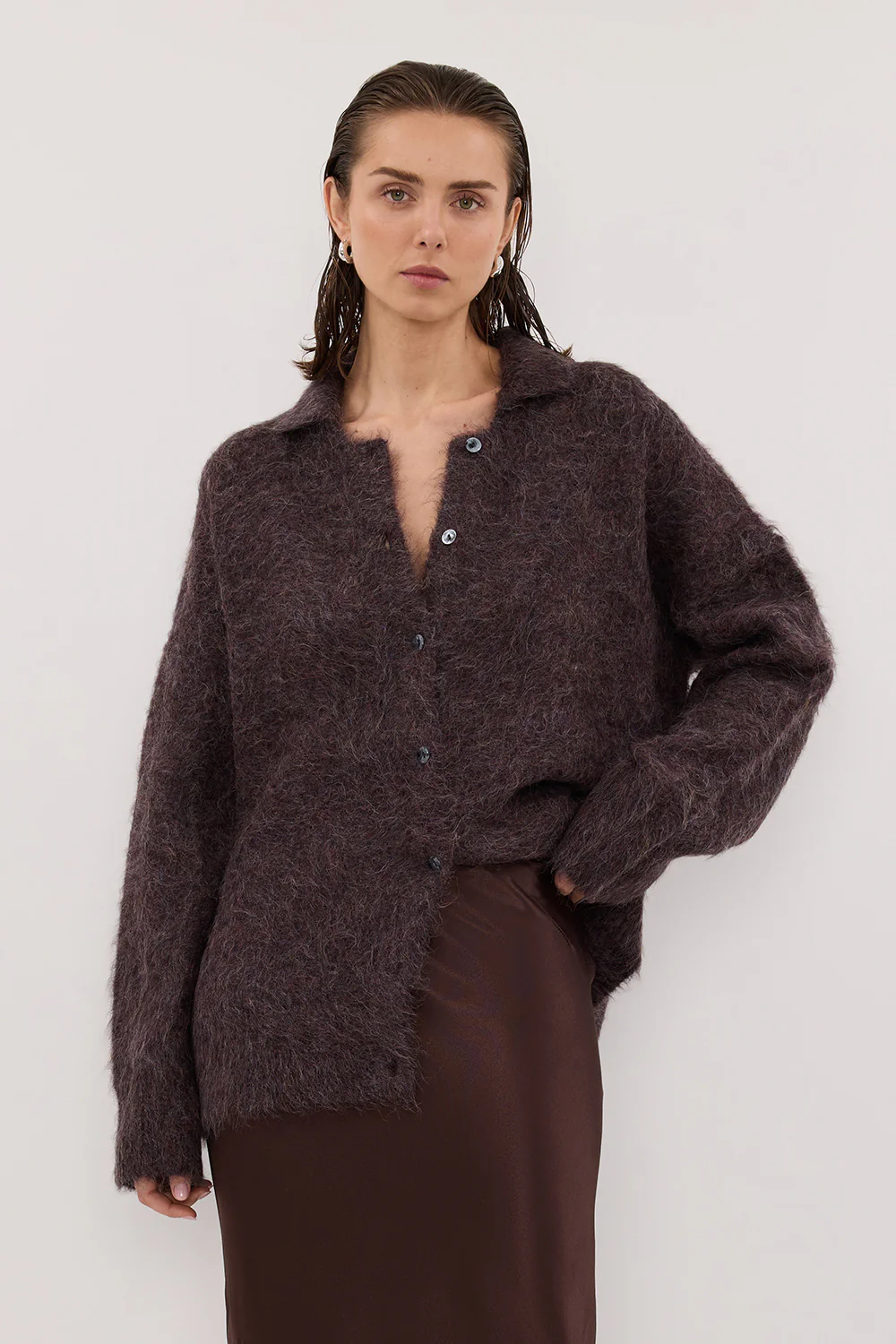 SALMA WINE POLO NECK KNIT CARDIGAN - Image 2