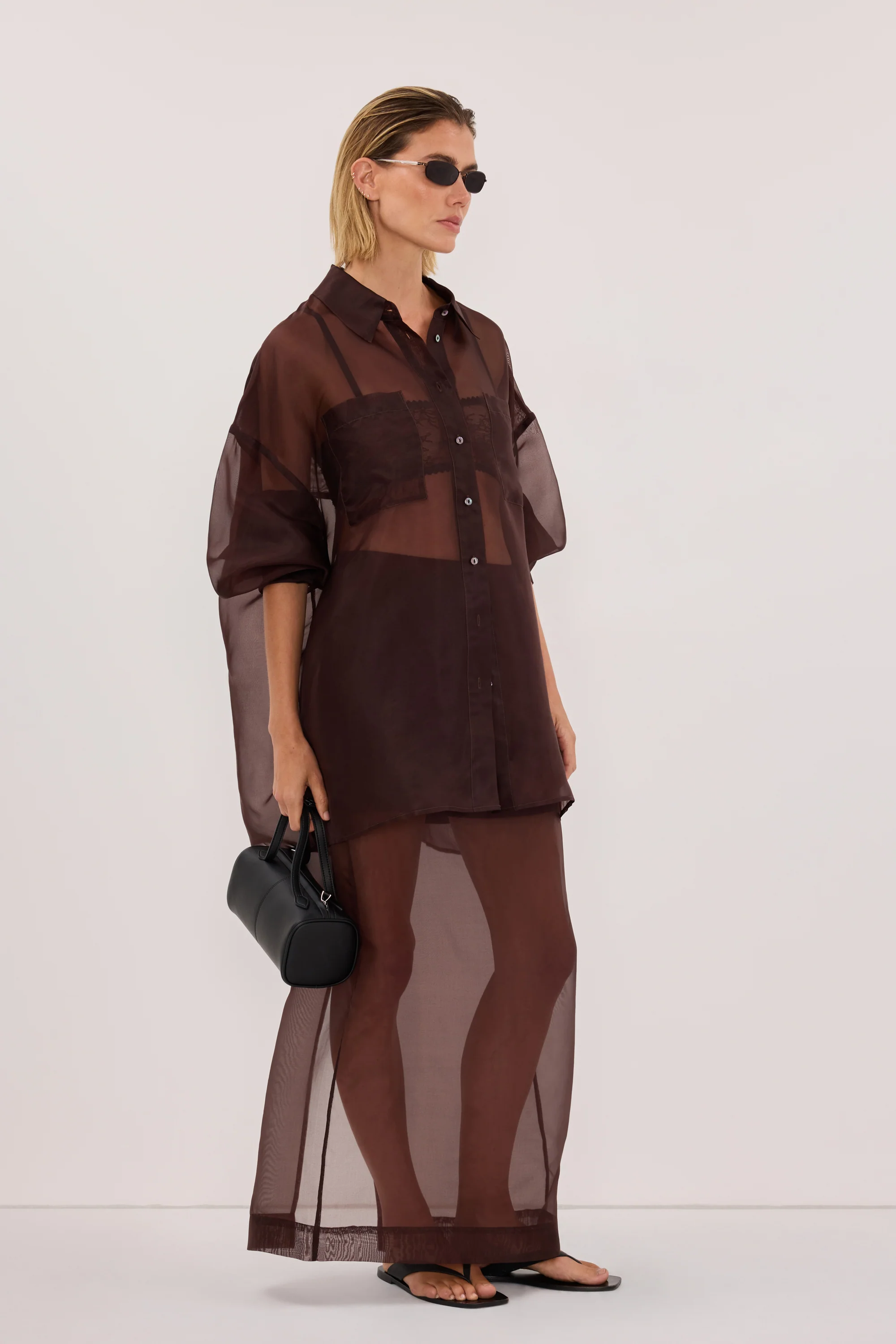 SIAN DARK CHOC SILK ORGANZA MIDI SKIRT - Image 4