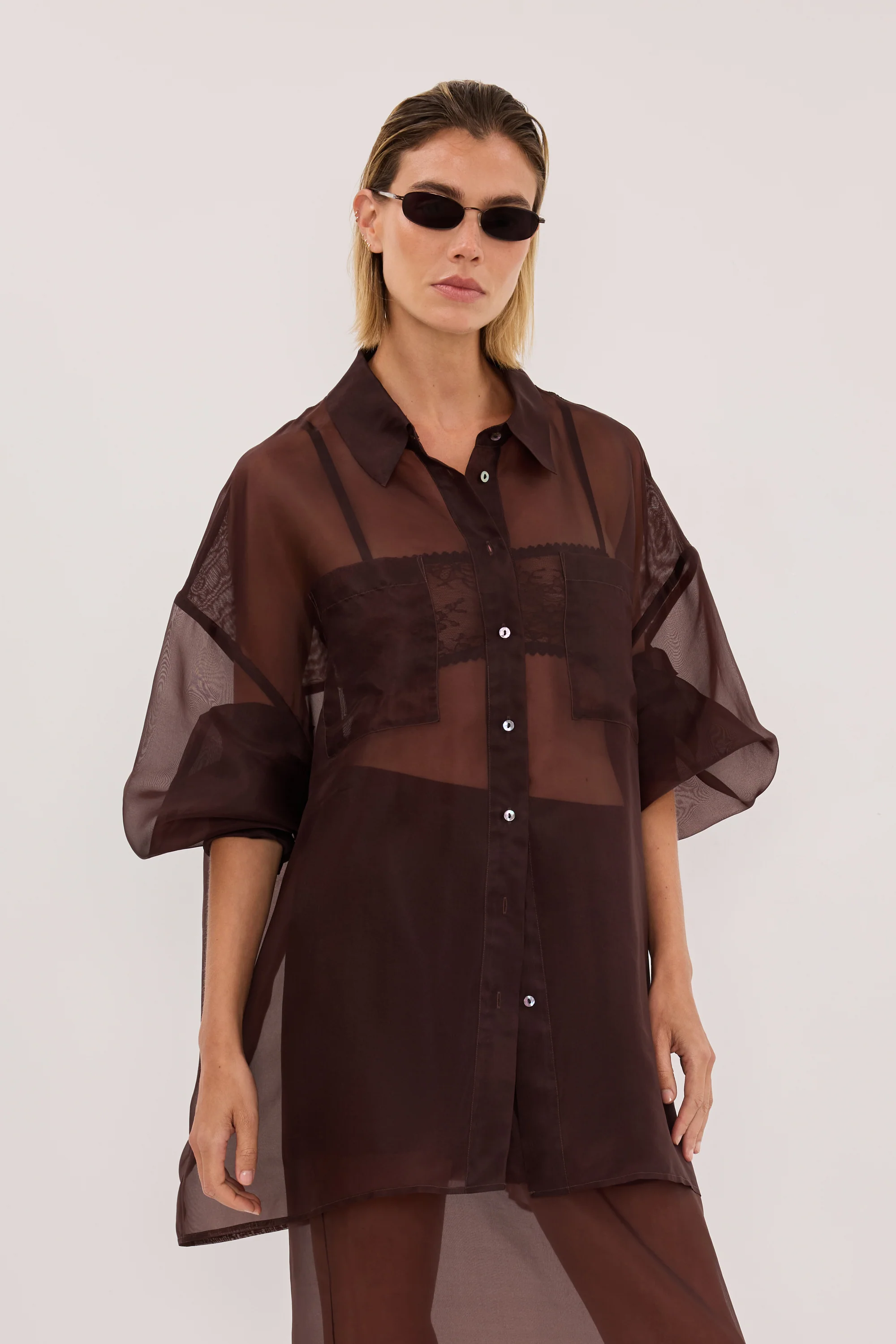 SIAN DARK CHOC SILK ORGANZA SHIRT - Image 3