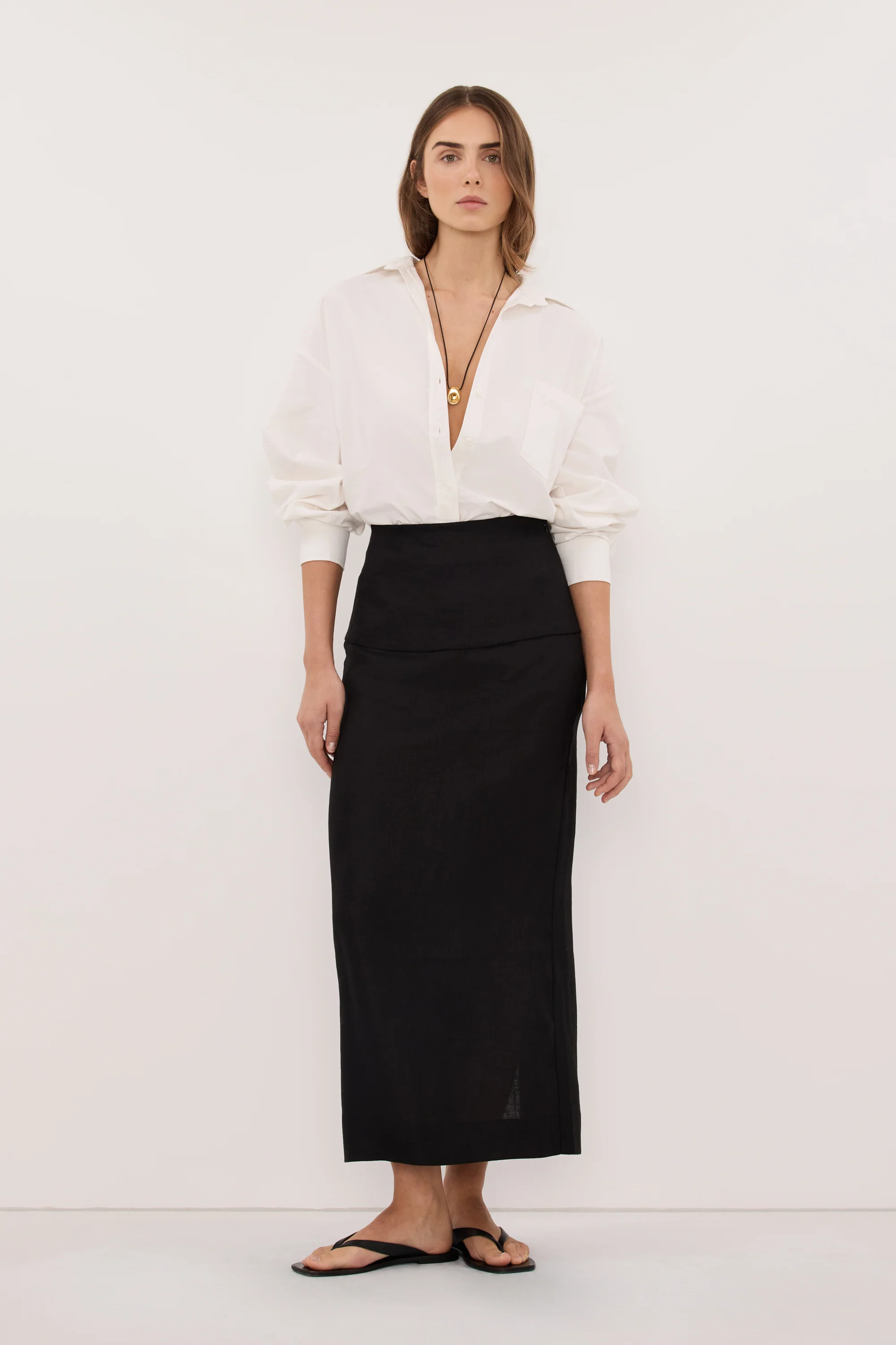 YARA BLACK LINEN FOLDOVER MIDI SKIRT